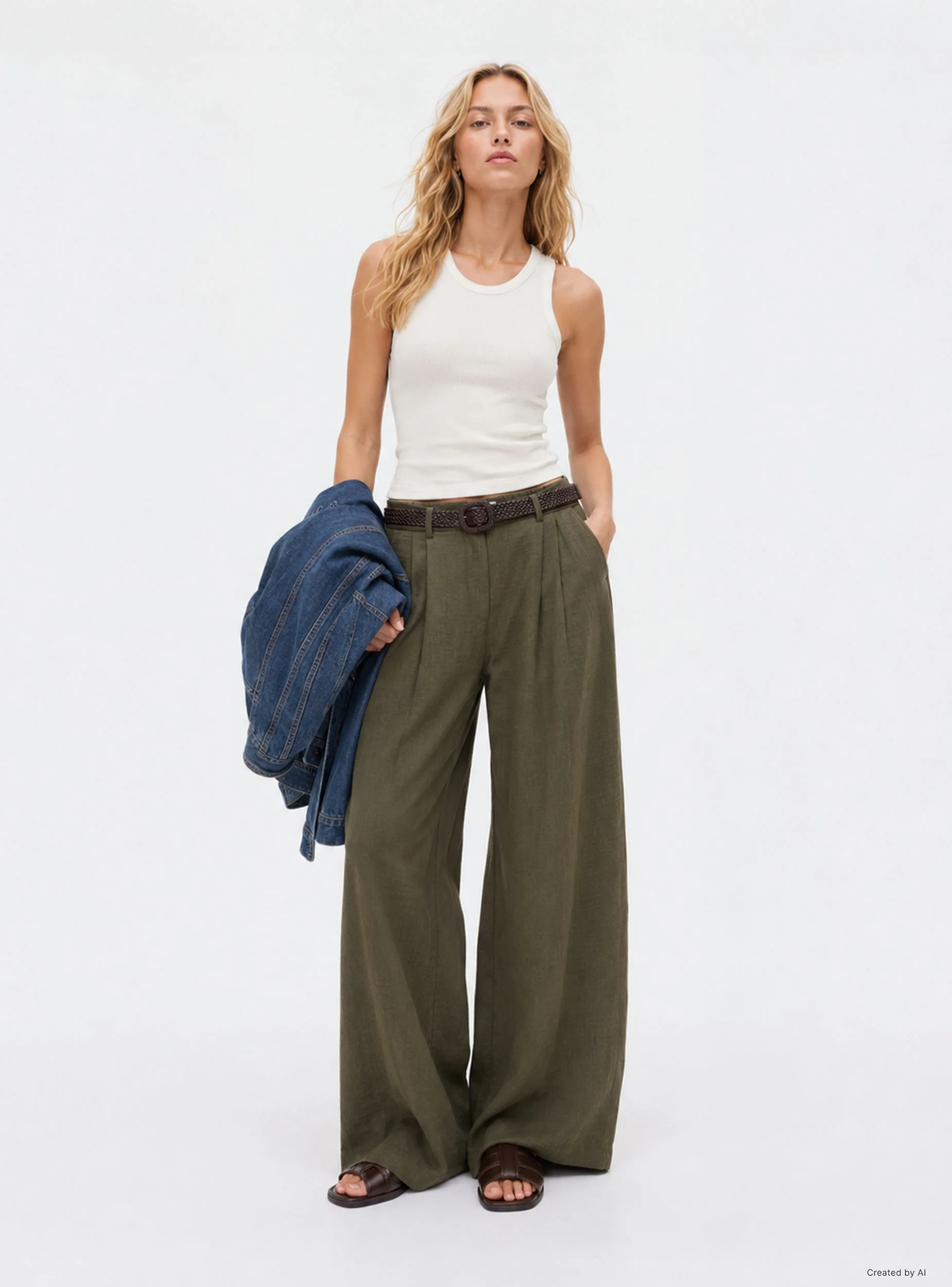 Pantaloni wide leg effetto lino con cintura intrecciata