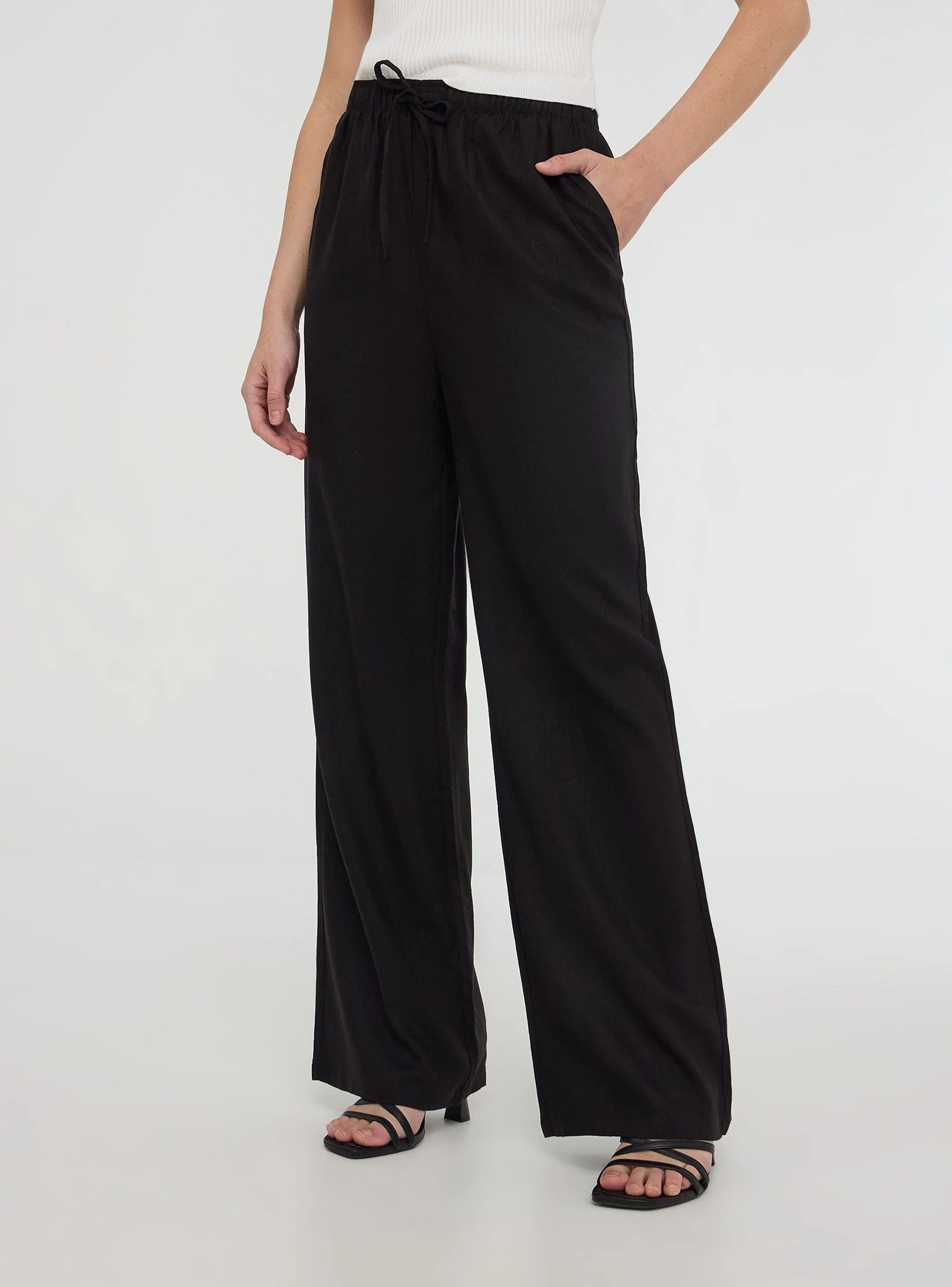 Pantaloni wide leg in misto lino con coulisse - Image 3
