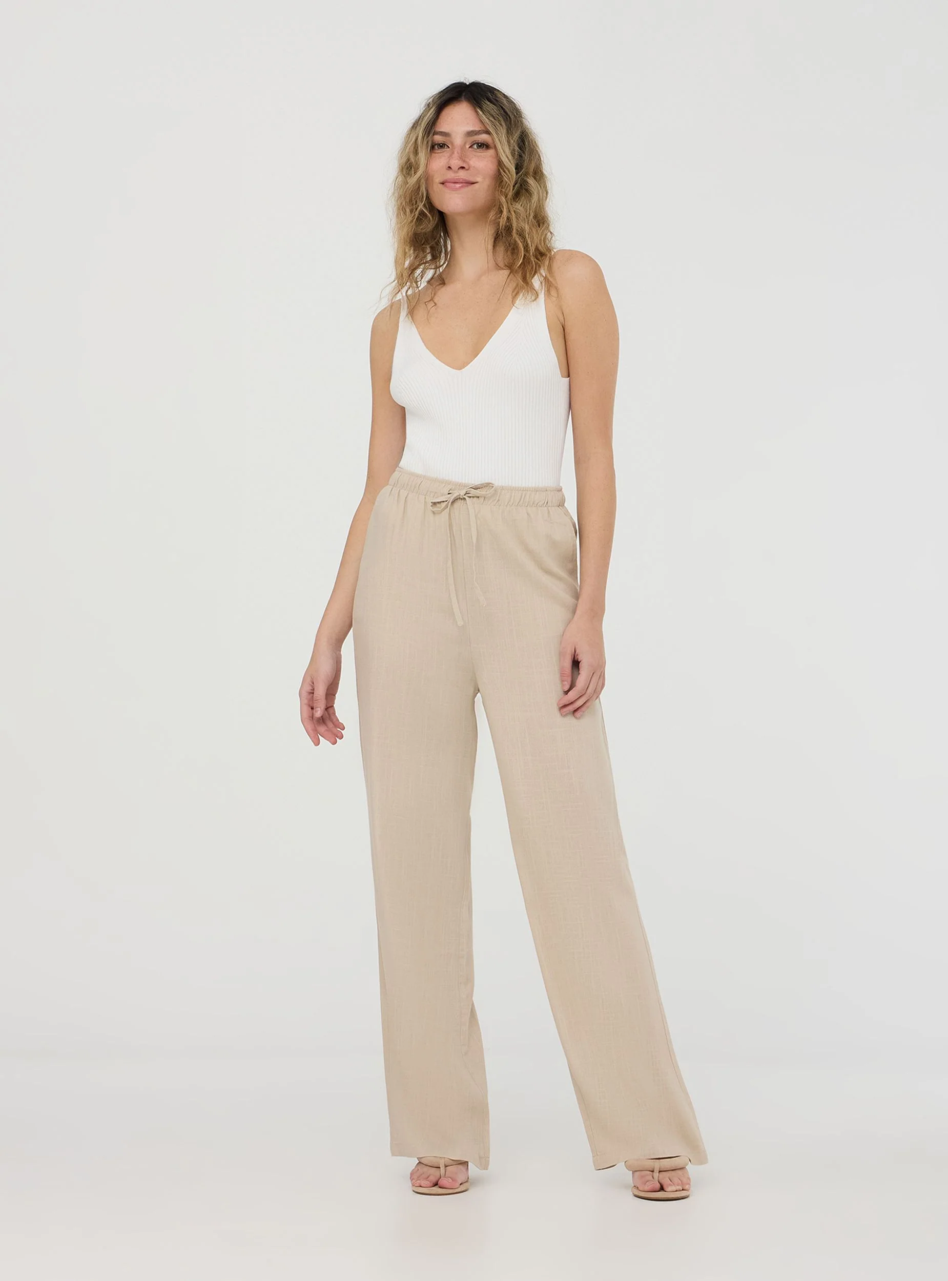 Pantaloni wide leg in misto lino con coulisse