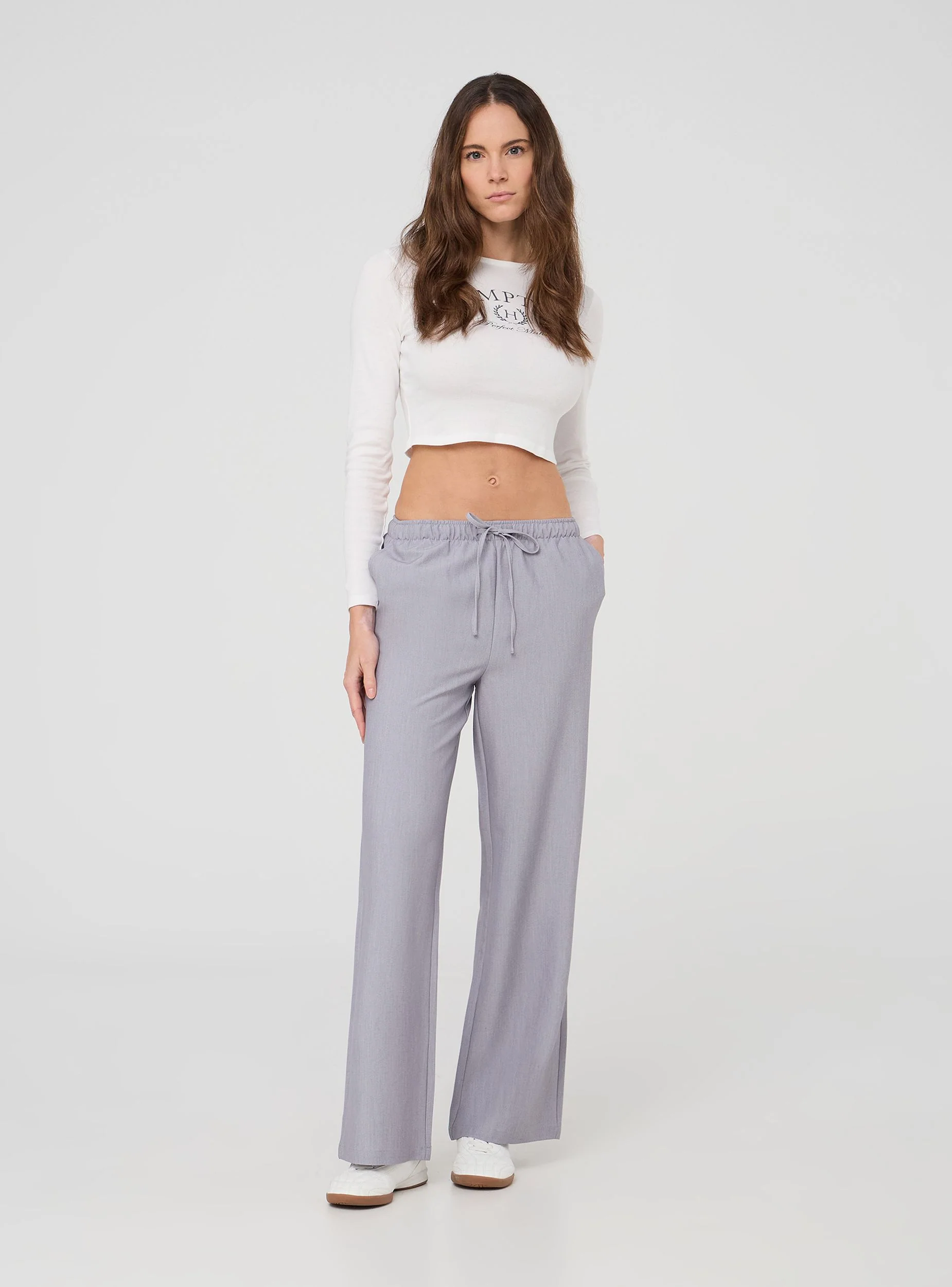 Pantaloni wide leg melange con coulisse