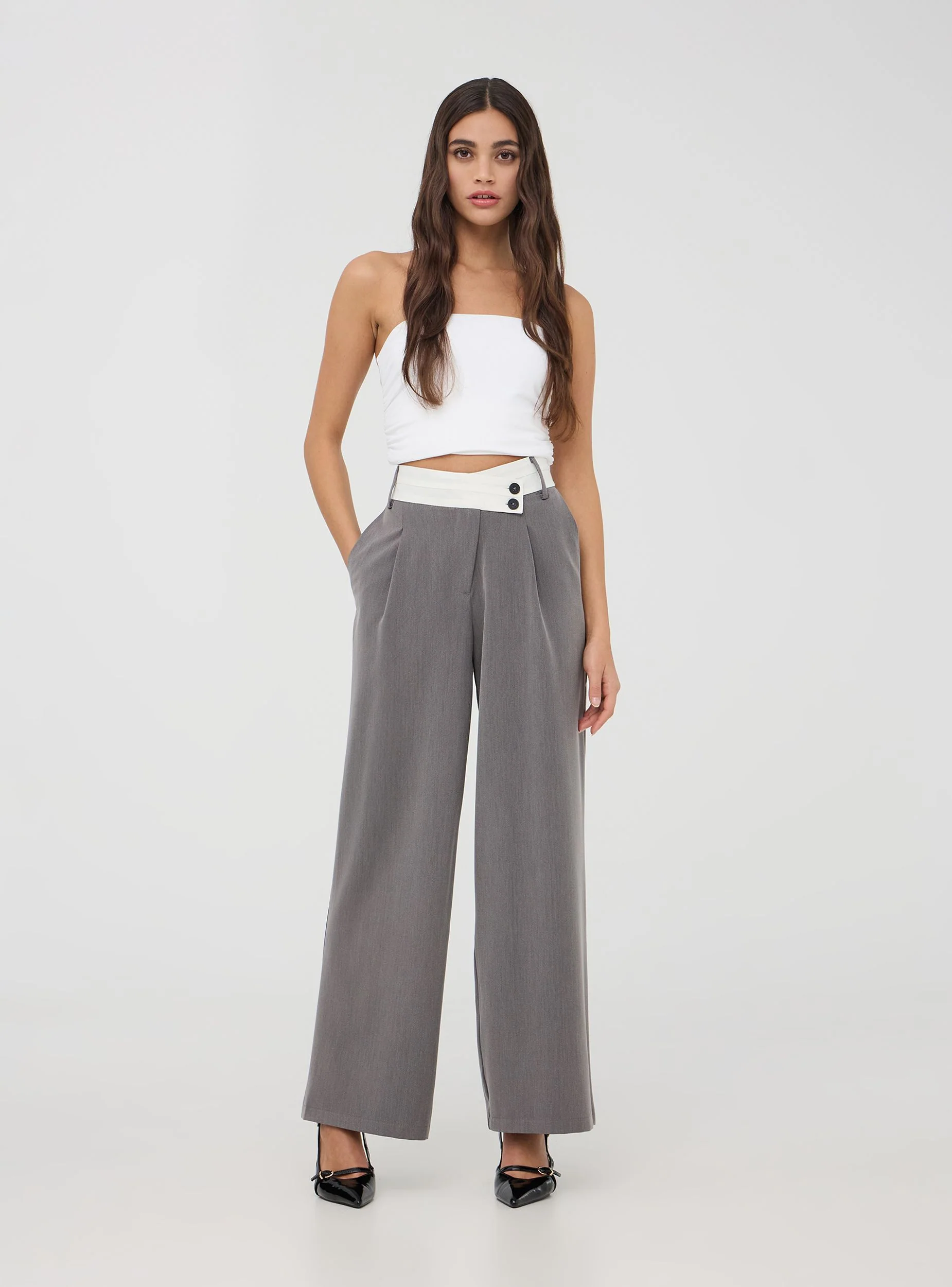 Pantaloni wide leg melange con fascia a contrasto - Image 3