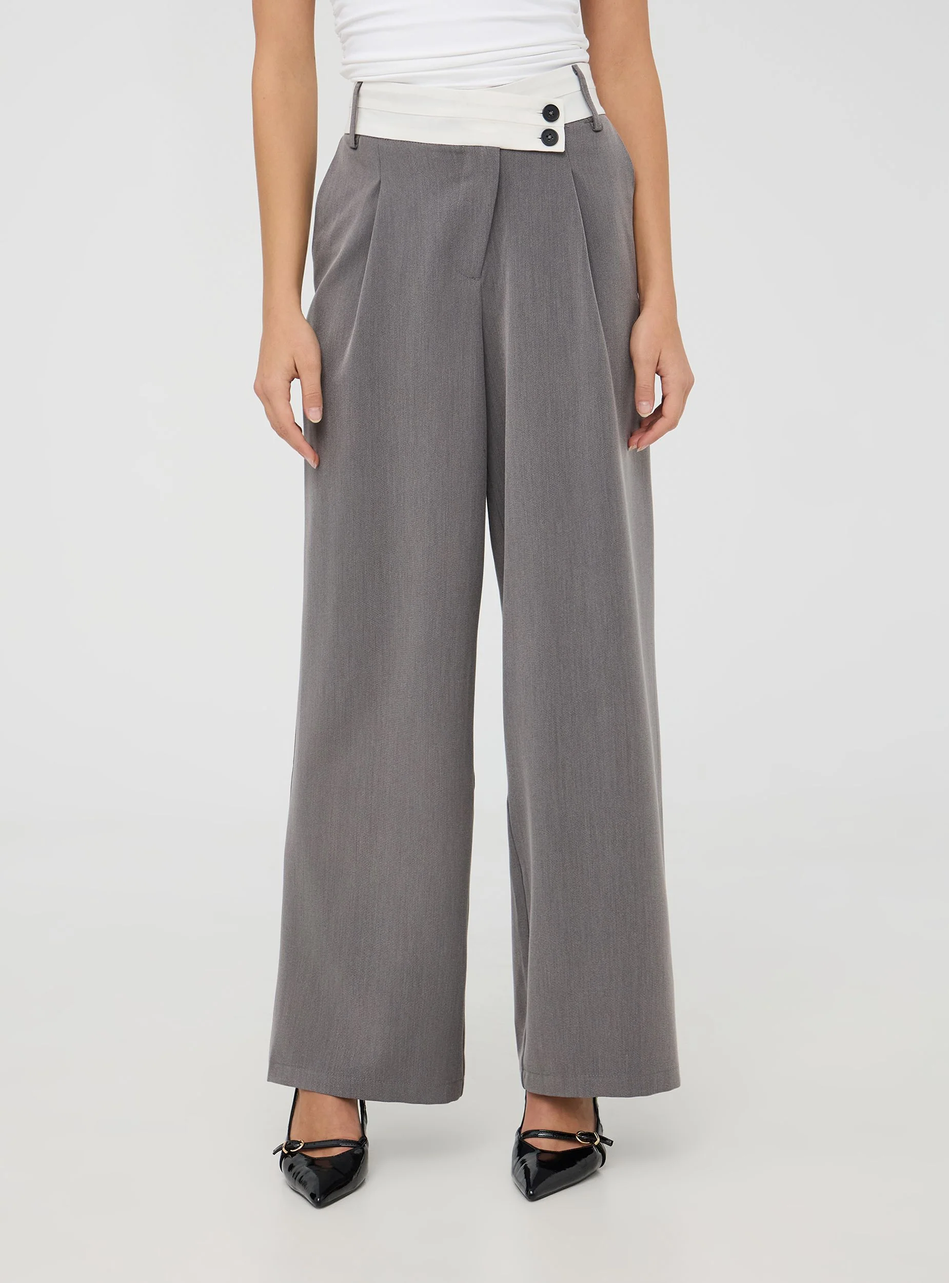 Pantaloni wide leg melange con fascia a contrasto - Image 4
