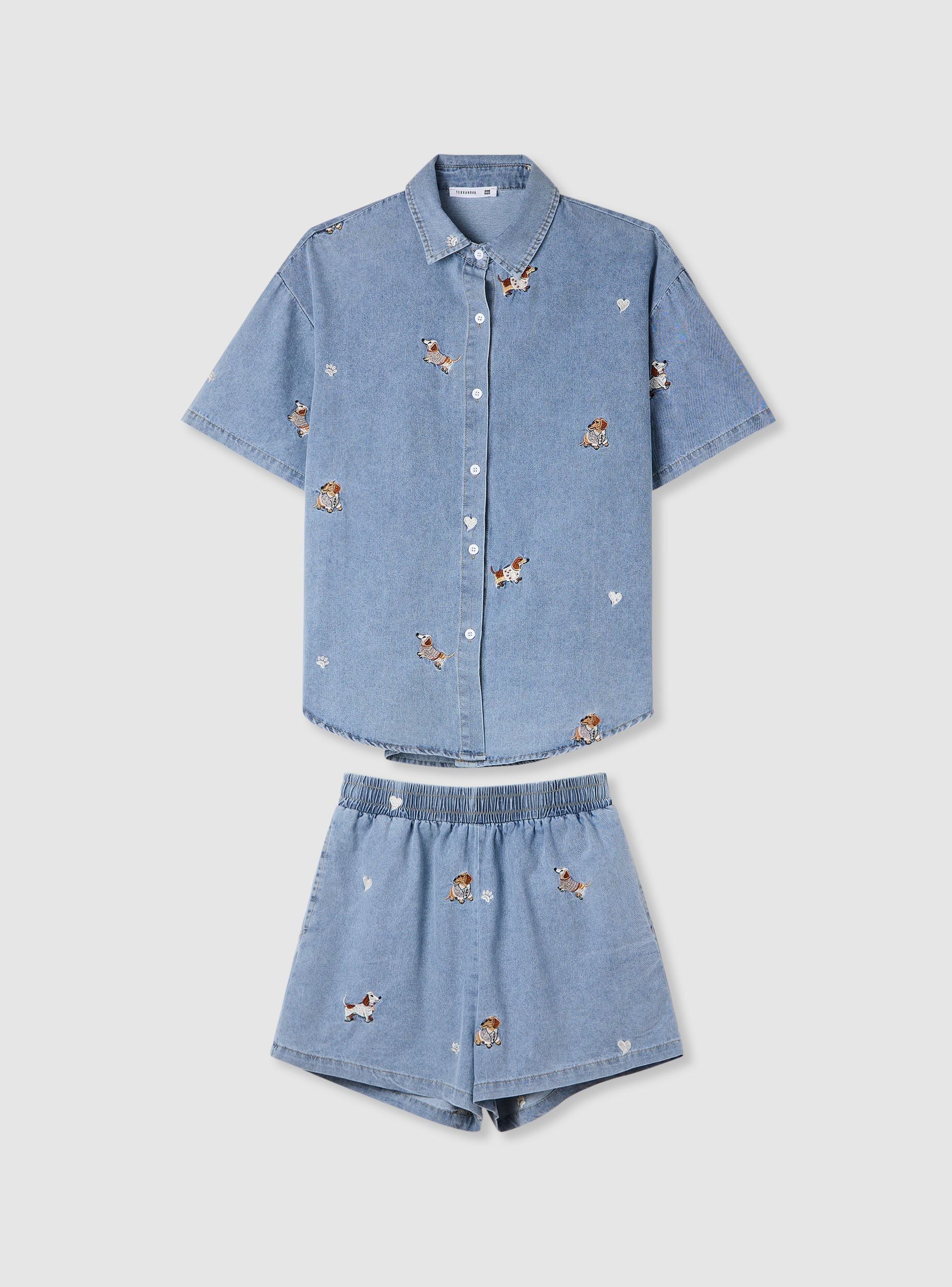 Set pigiama con camicia a maniche corte e shorts con ricami - Image 3