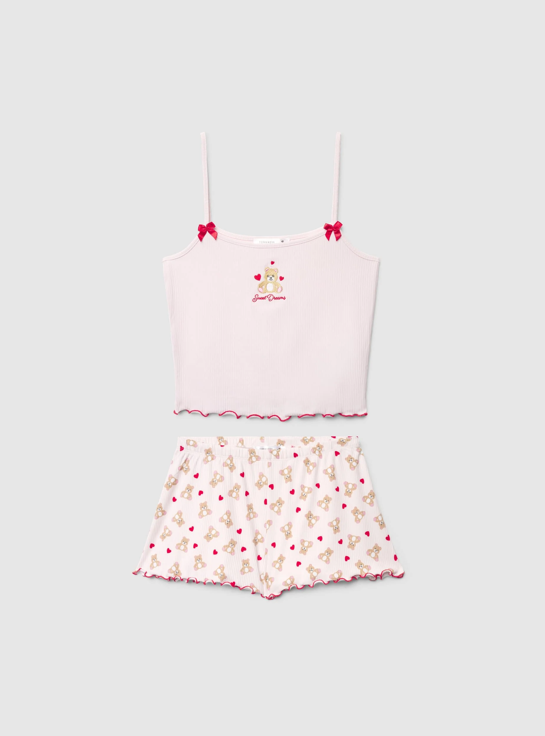 Set pigiama con top crop a bretelle e shorts con fantasia orsi - Image 5