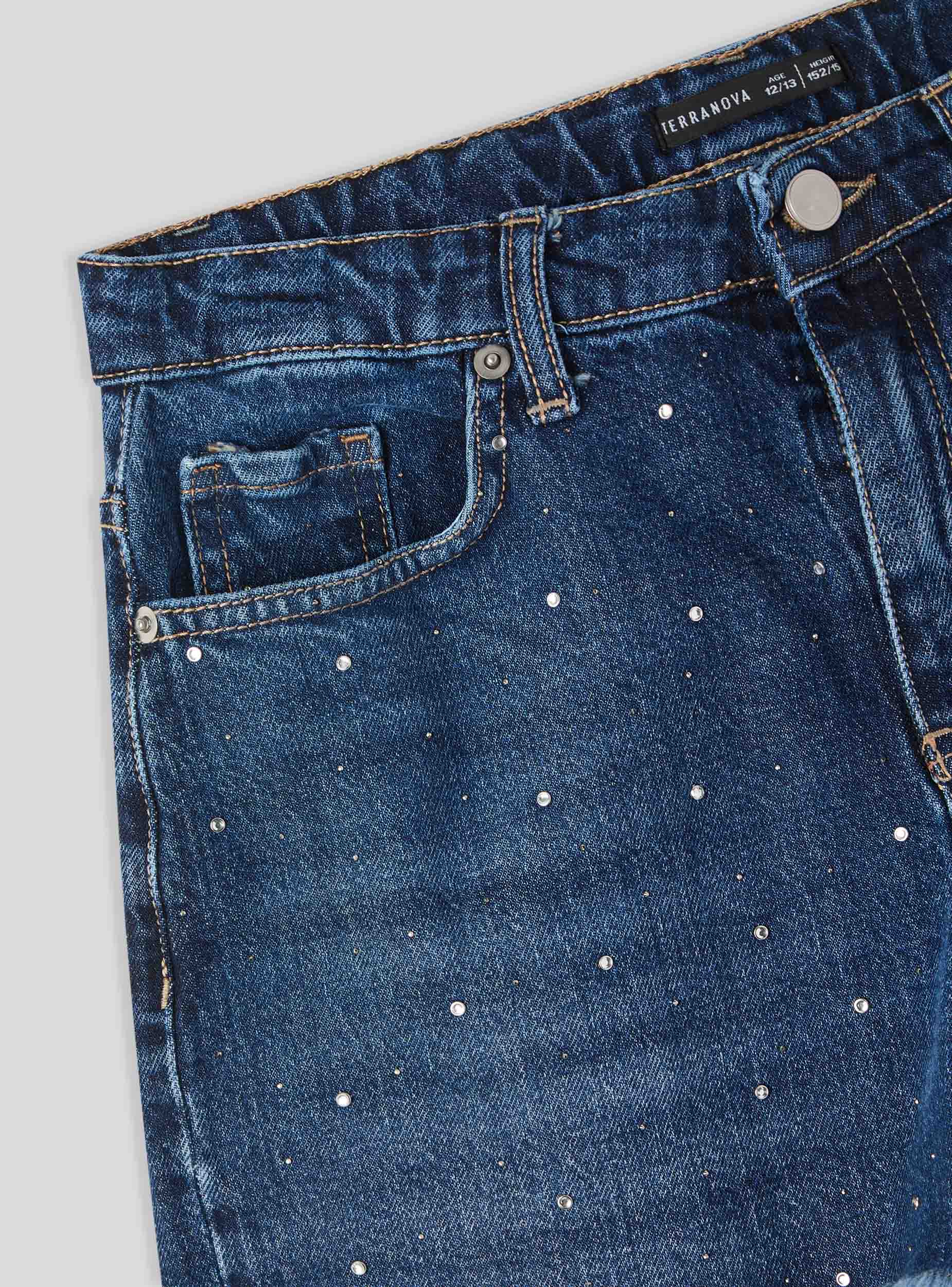 Shorts denim con strass e orlo sfrangiato - Image 5