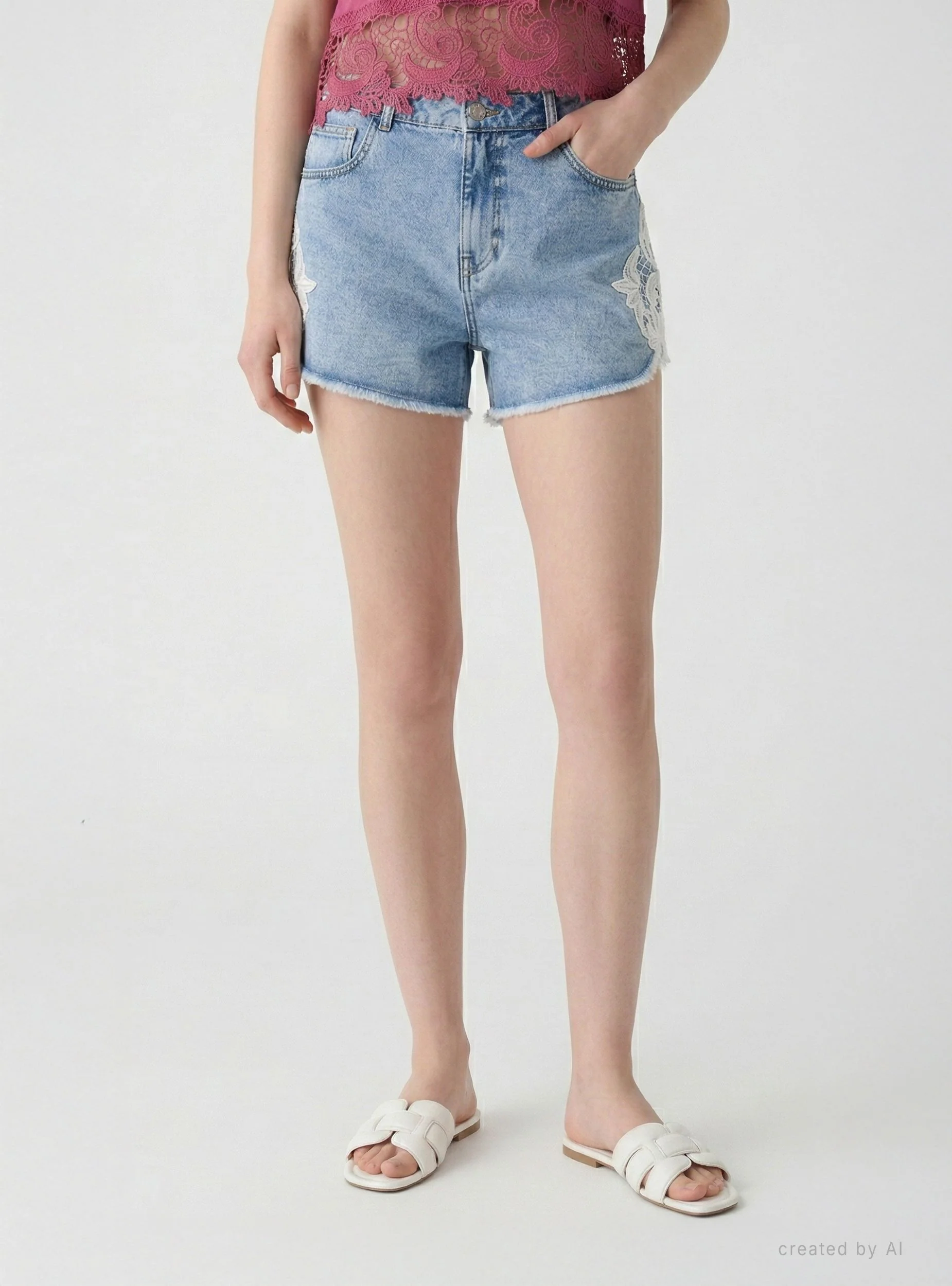 Shorts jeans con inserti macramè - Image 2