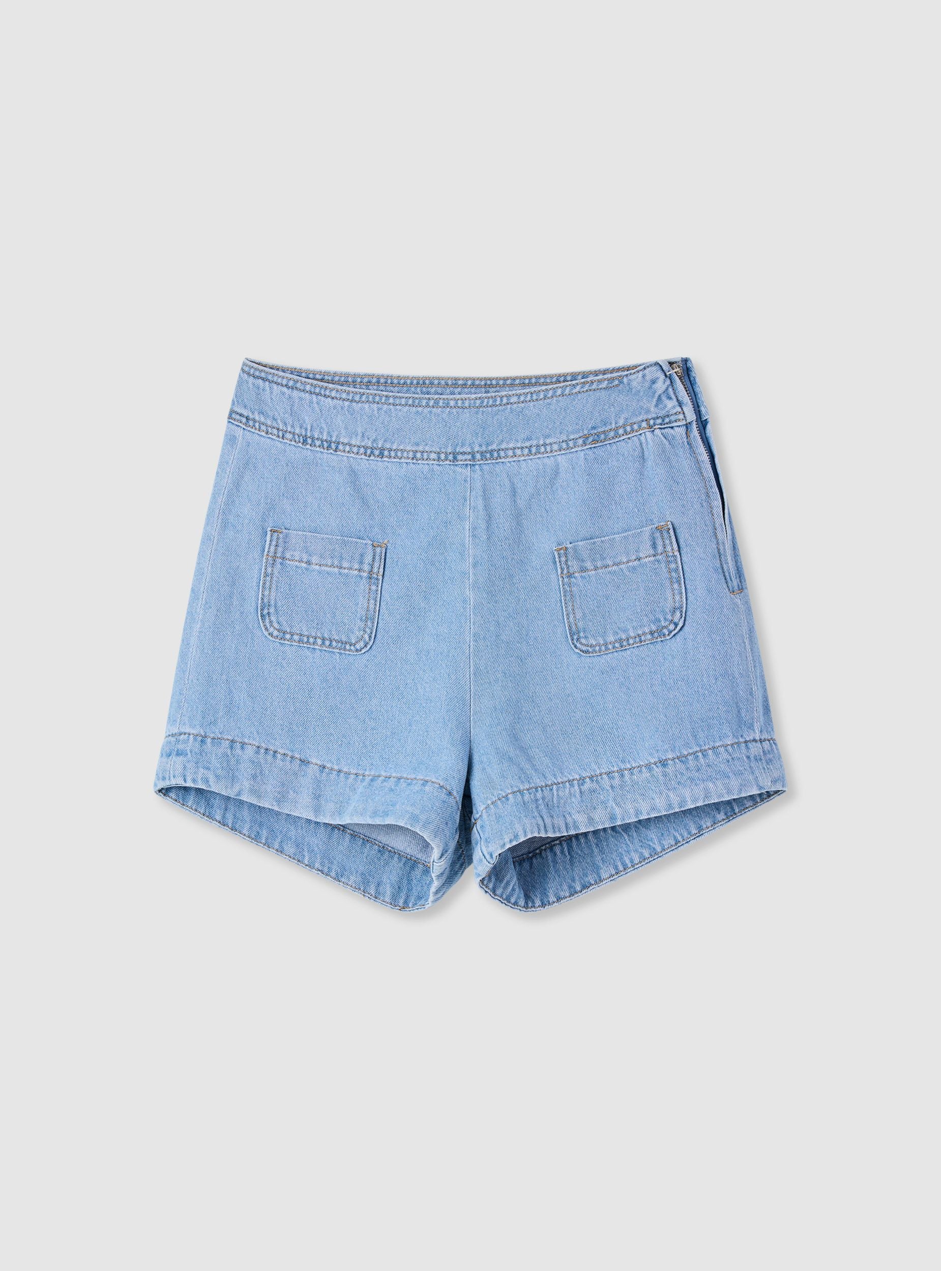 Shorts jeans wide leg a vita alta con tasche a toppa
