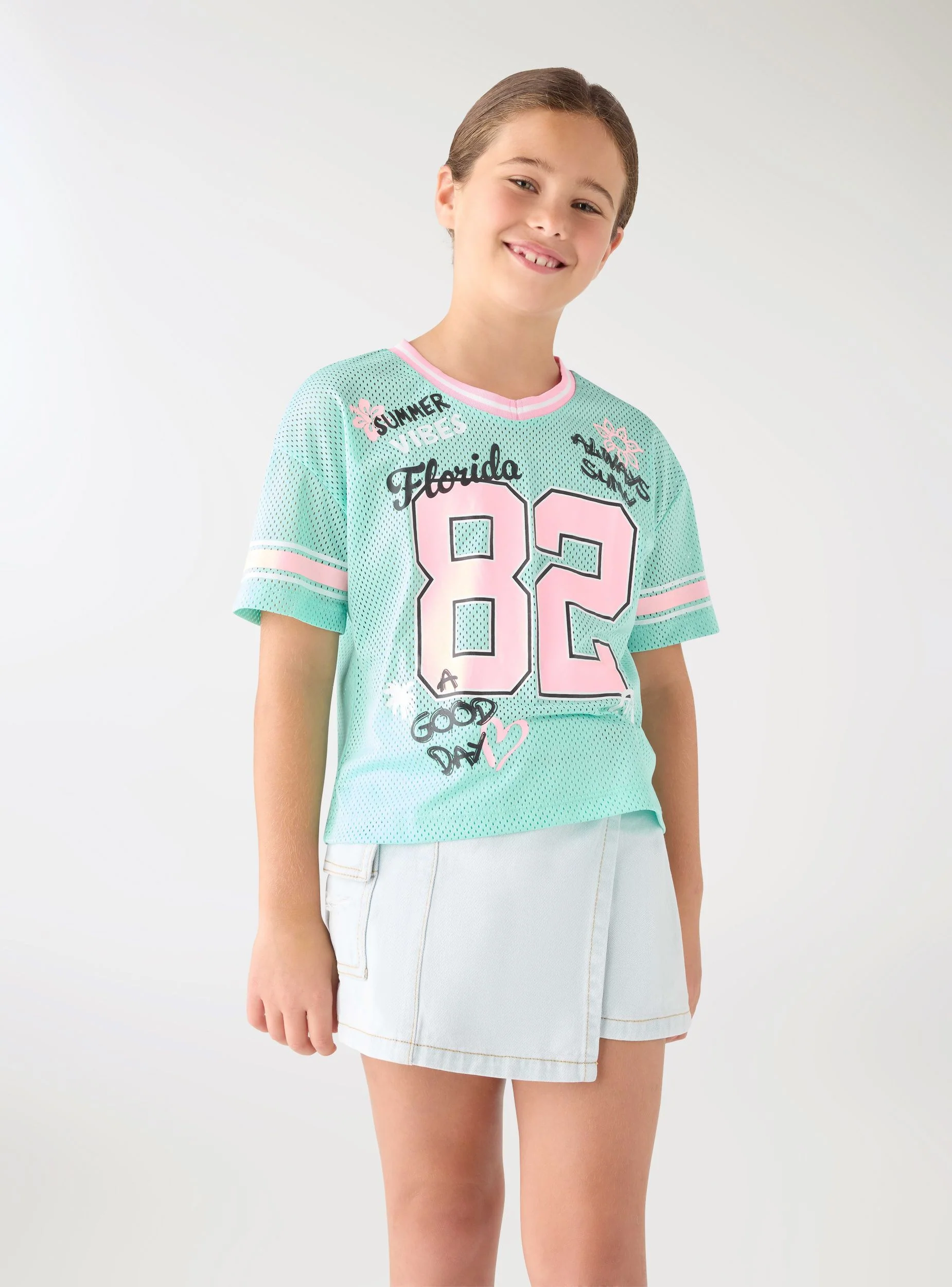 T-shirt a rete con stampa college - Image 2