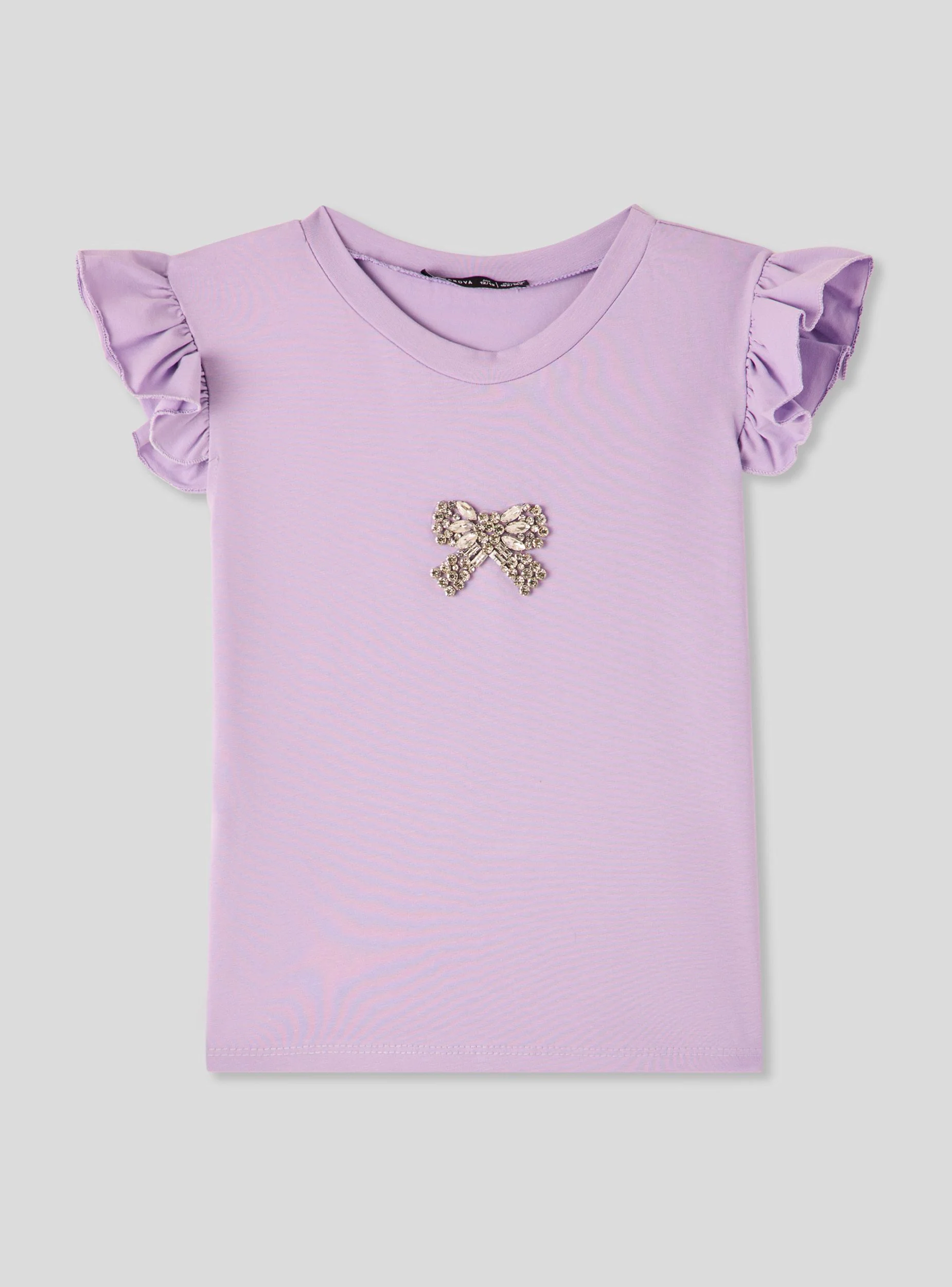 T-shirt con maniche a volant e applicazione fiocco gioiello - Image 5