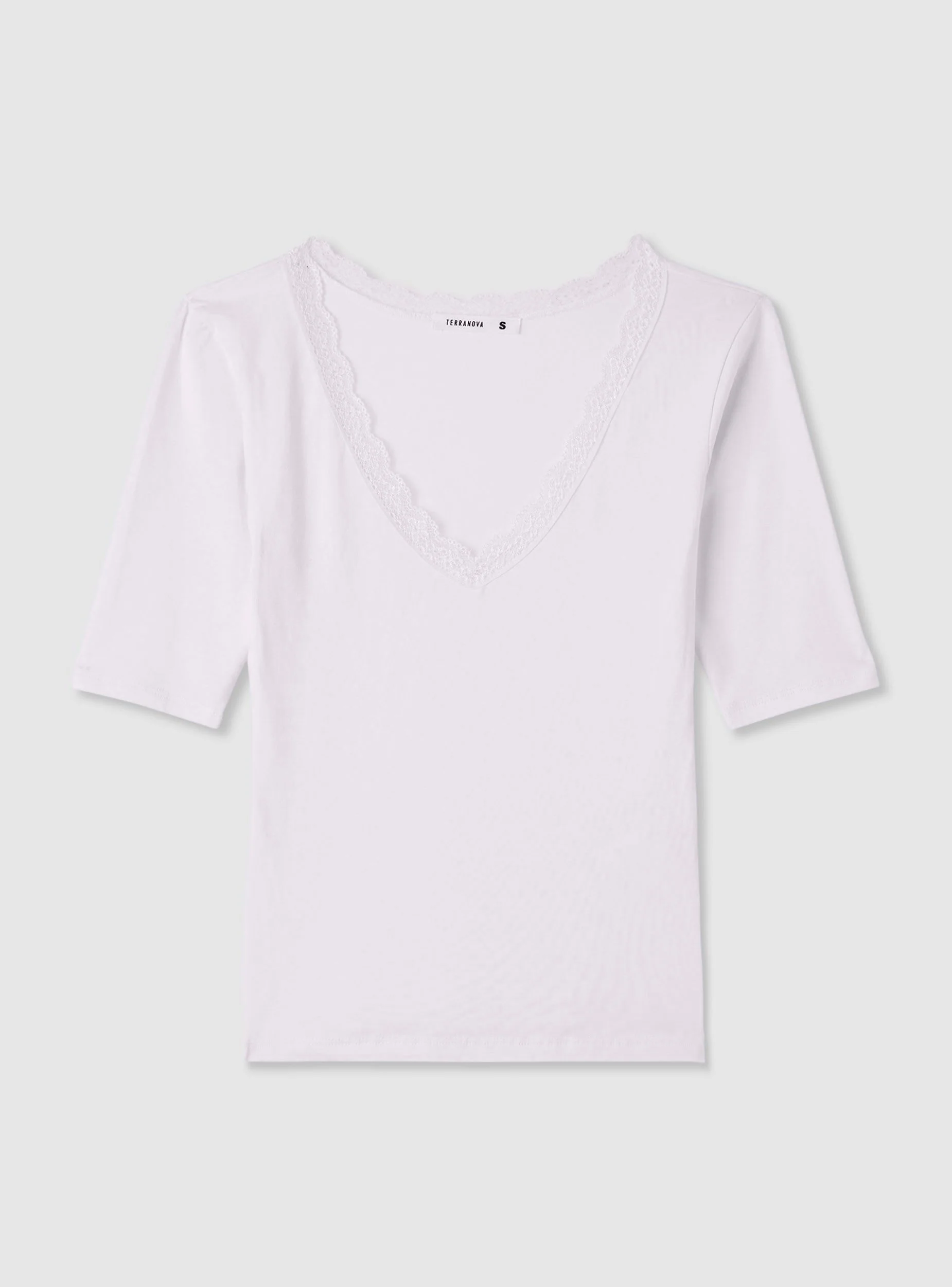 T-shirt con scollo a V e bordo in pizzo - Image 7