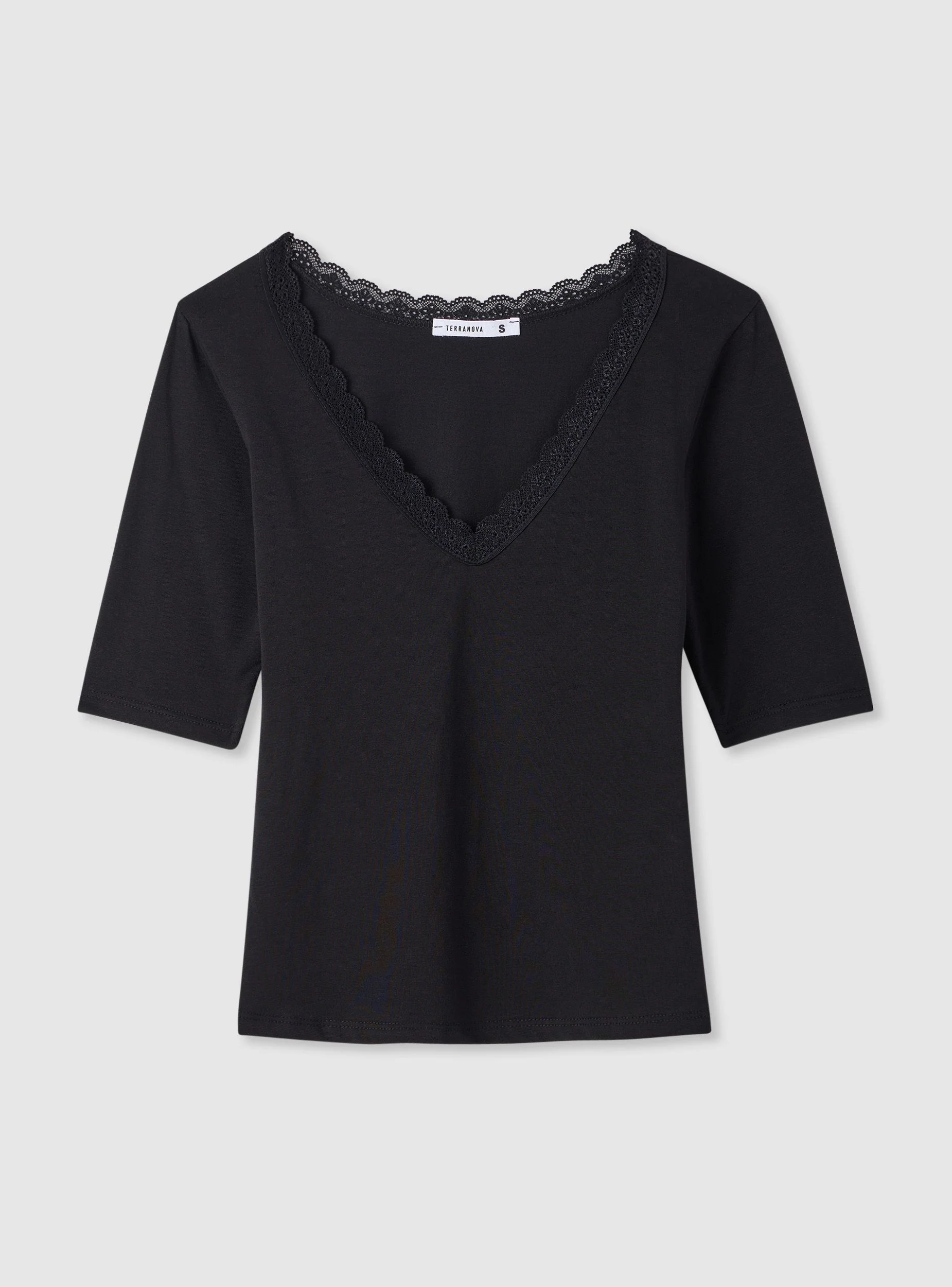 T-shirt con scollo a V e bordo in pizzo - Image 5