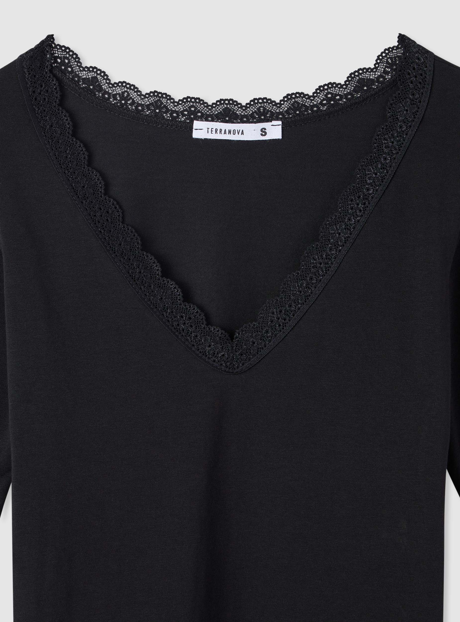 T-shirt con scollo a V e bordo in pizzo - Image 7