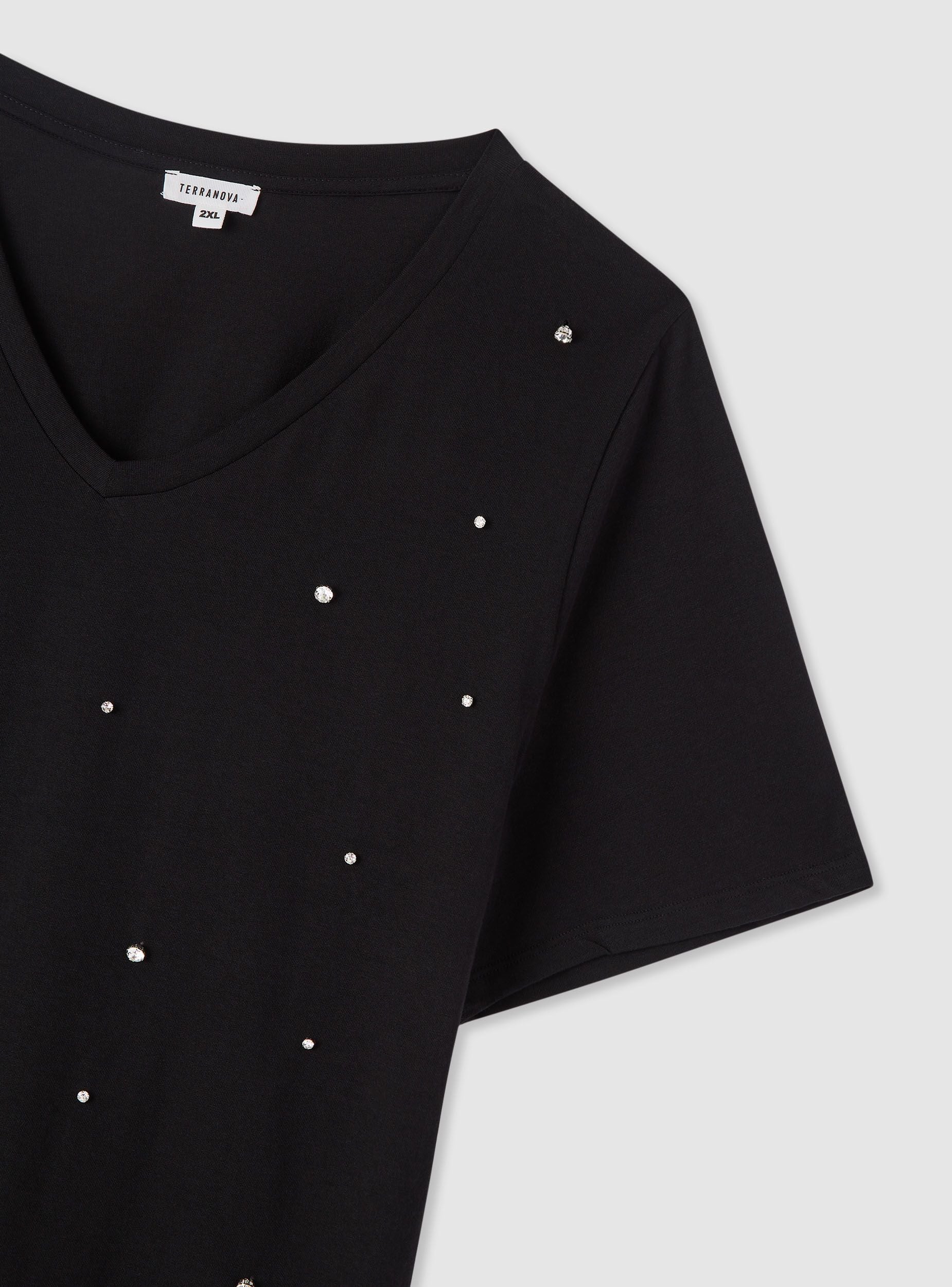 T-shirt con scollo a V e strass - Image 2