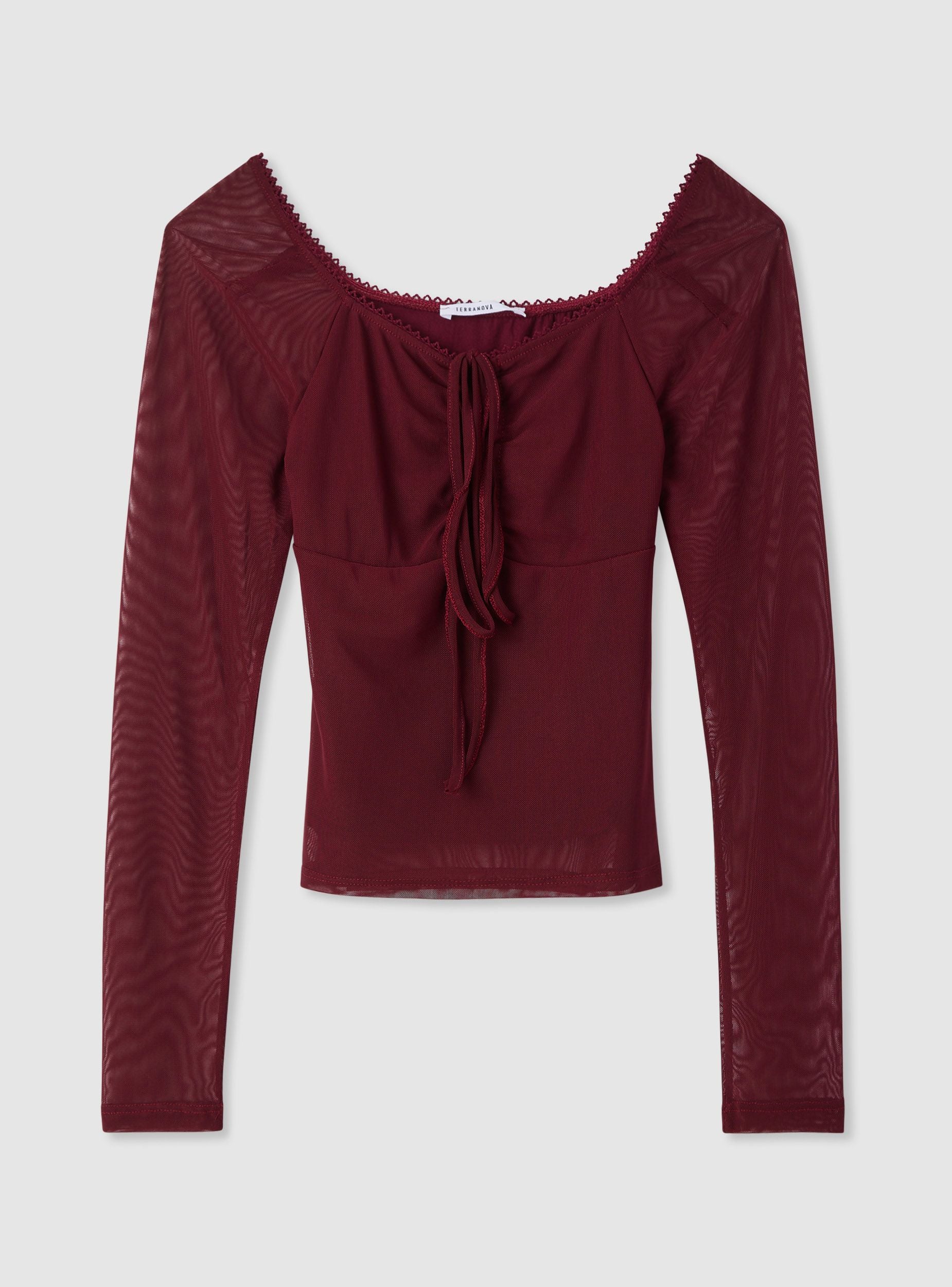 T-shirt con scollo quadrato e laccetti in tulle - Image 5