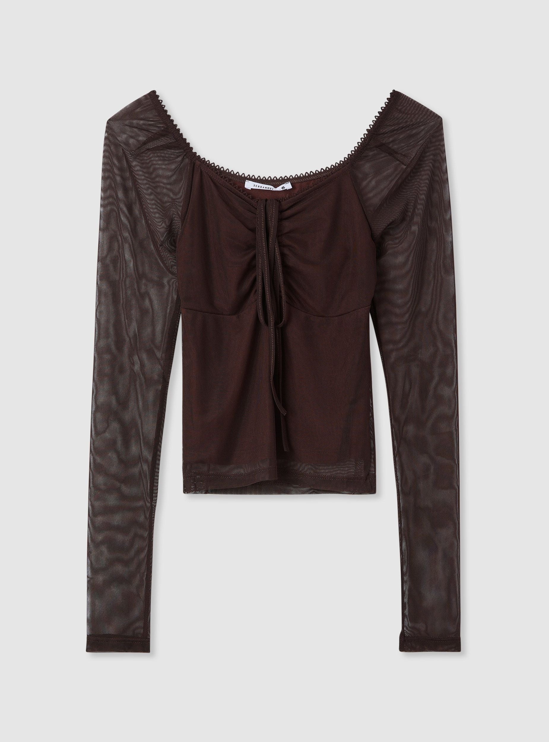 T-shirt con scollo quadrato e laccetti in tulle - Image 5