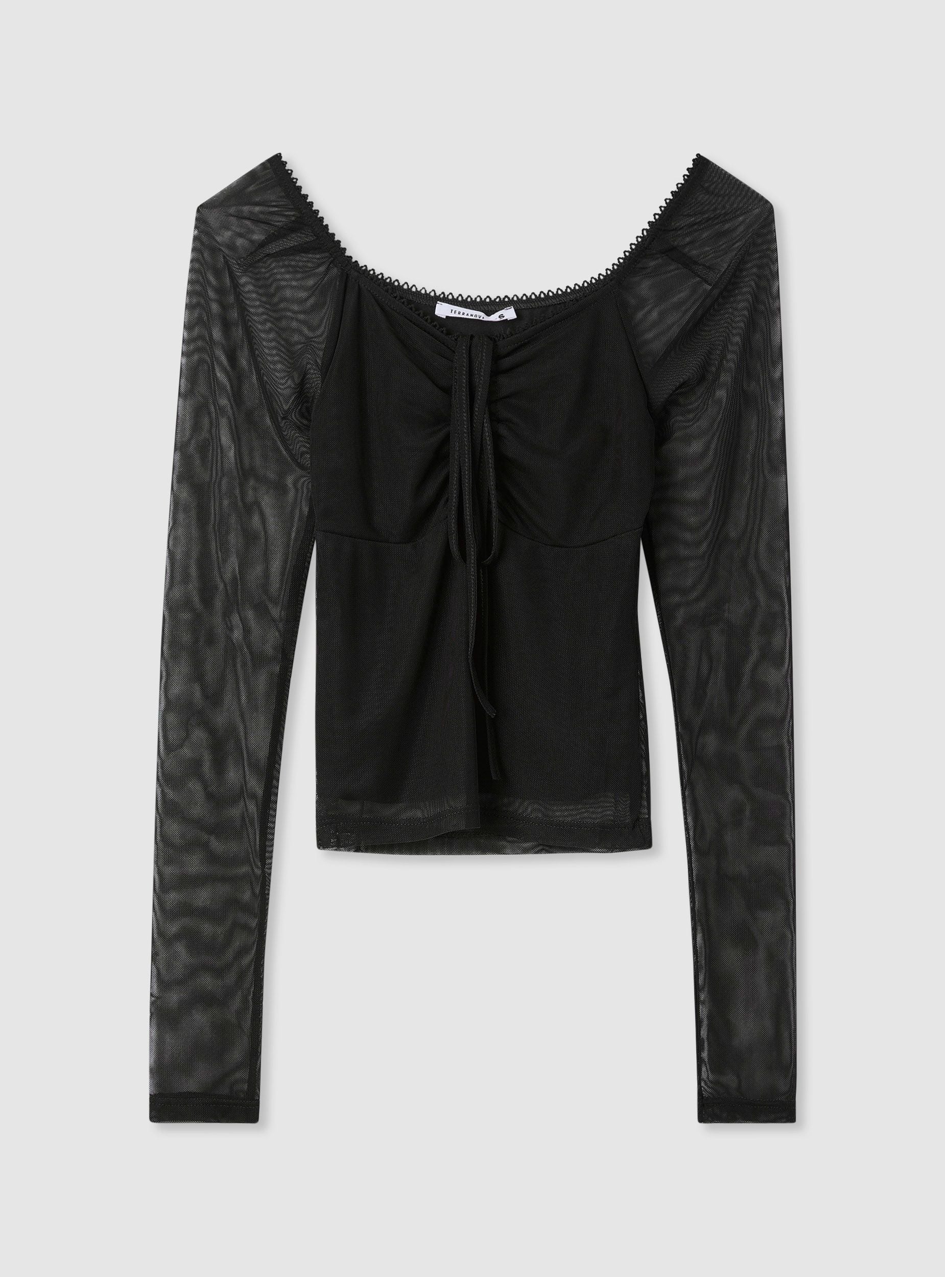 T-shirt con scollo quadrato e laccetti in tulle - Image 5