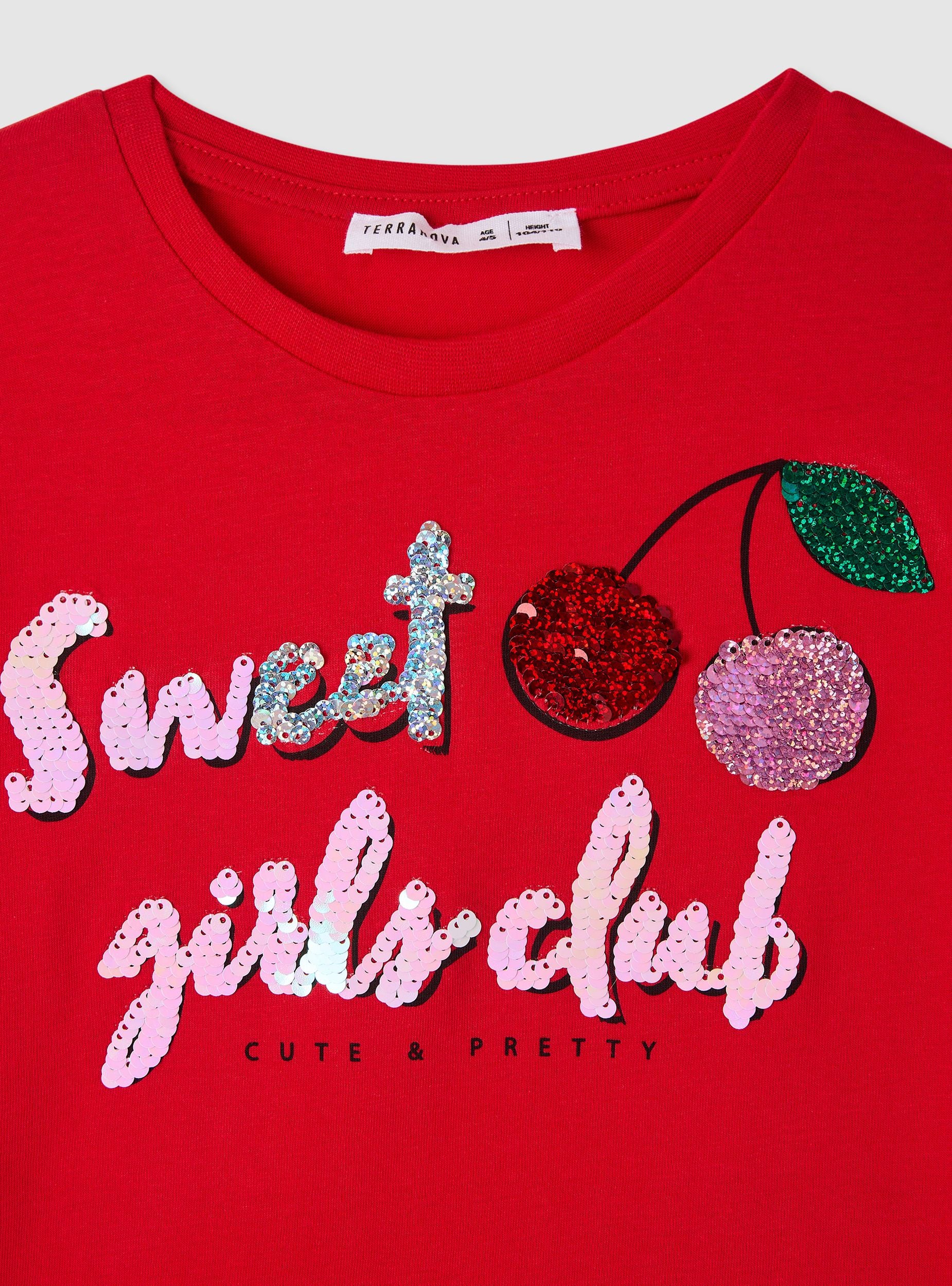T-shirt con scritta e ciliegie in paillettes - Image 7