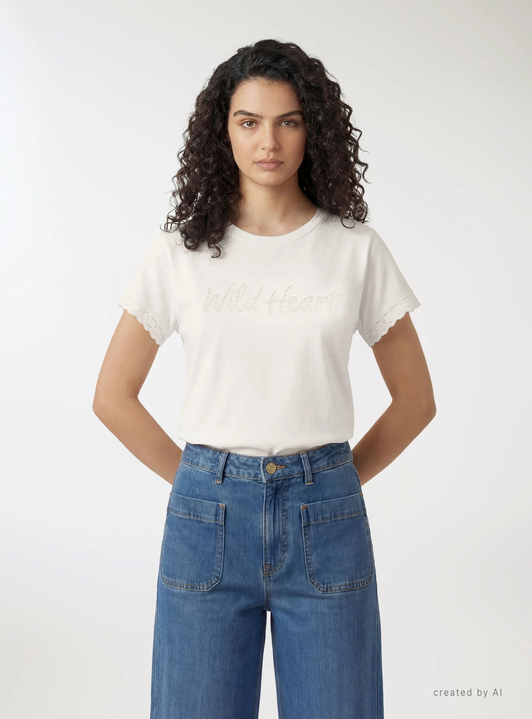 T-shirt con scritta traforata e bordo macramè - Image 2