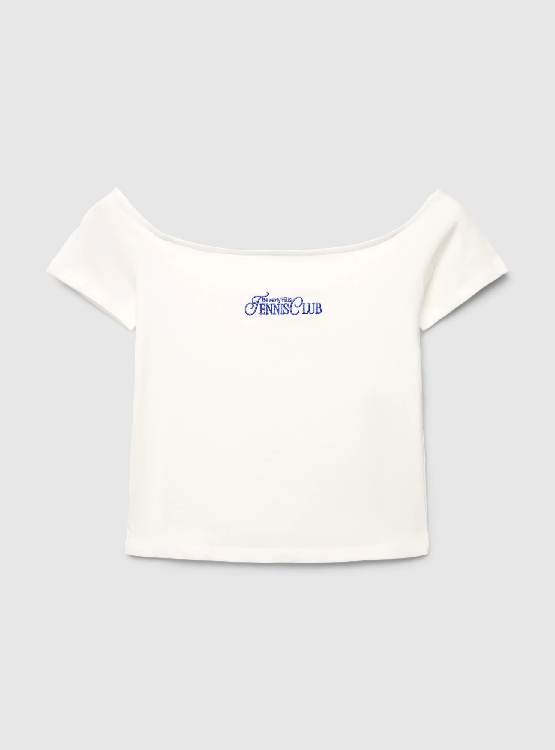 T-shirt con spalle scoperte e ricamo college - Image 6