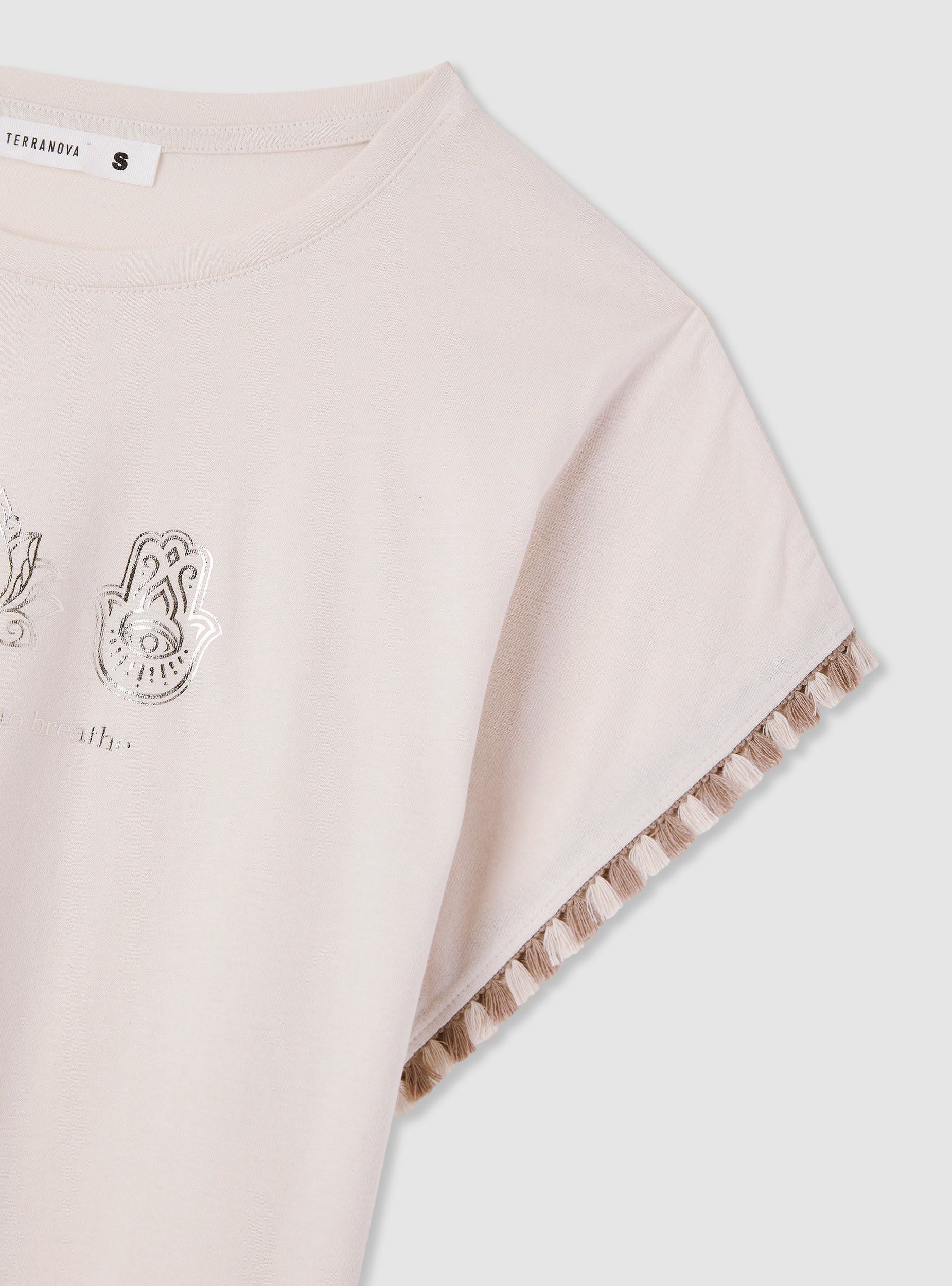 T-shirt con stampa e bordi con frange - Image 5
