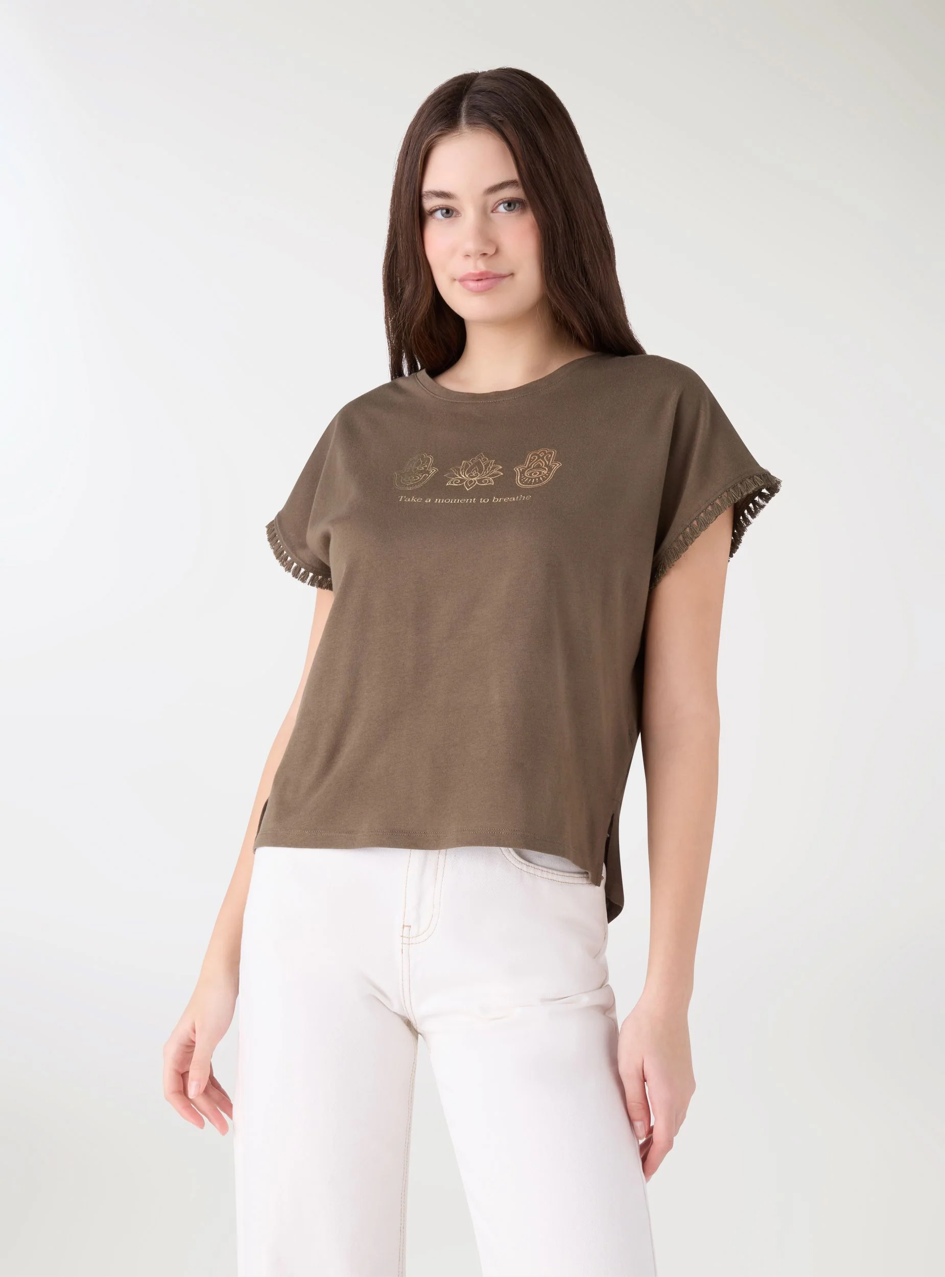 T-shirt con stampa e bordi con frange - Image 2