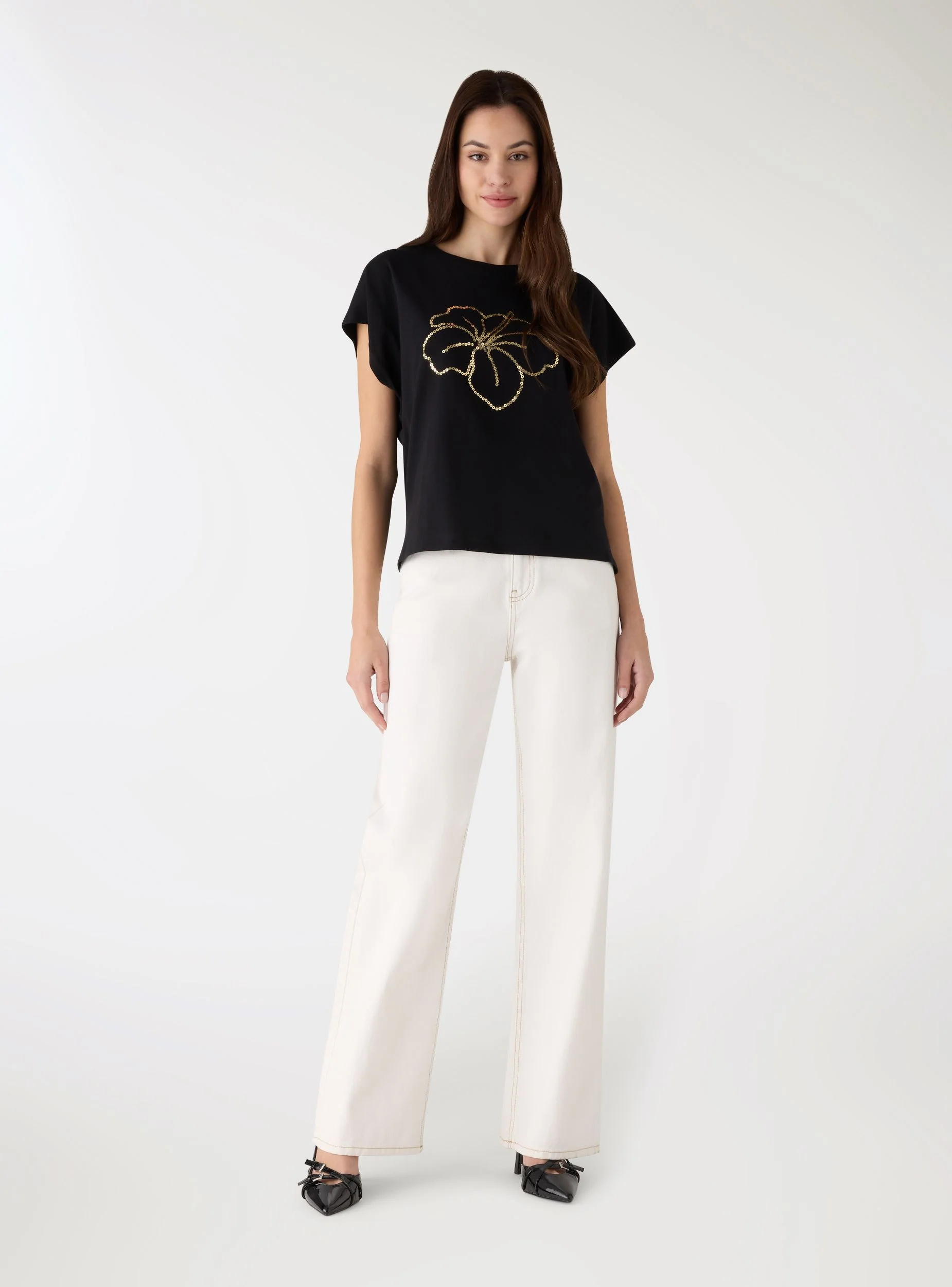 T-shirt con stampa fiori e paillettes - Image 3
