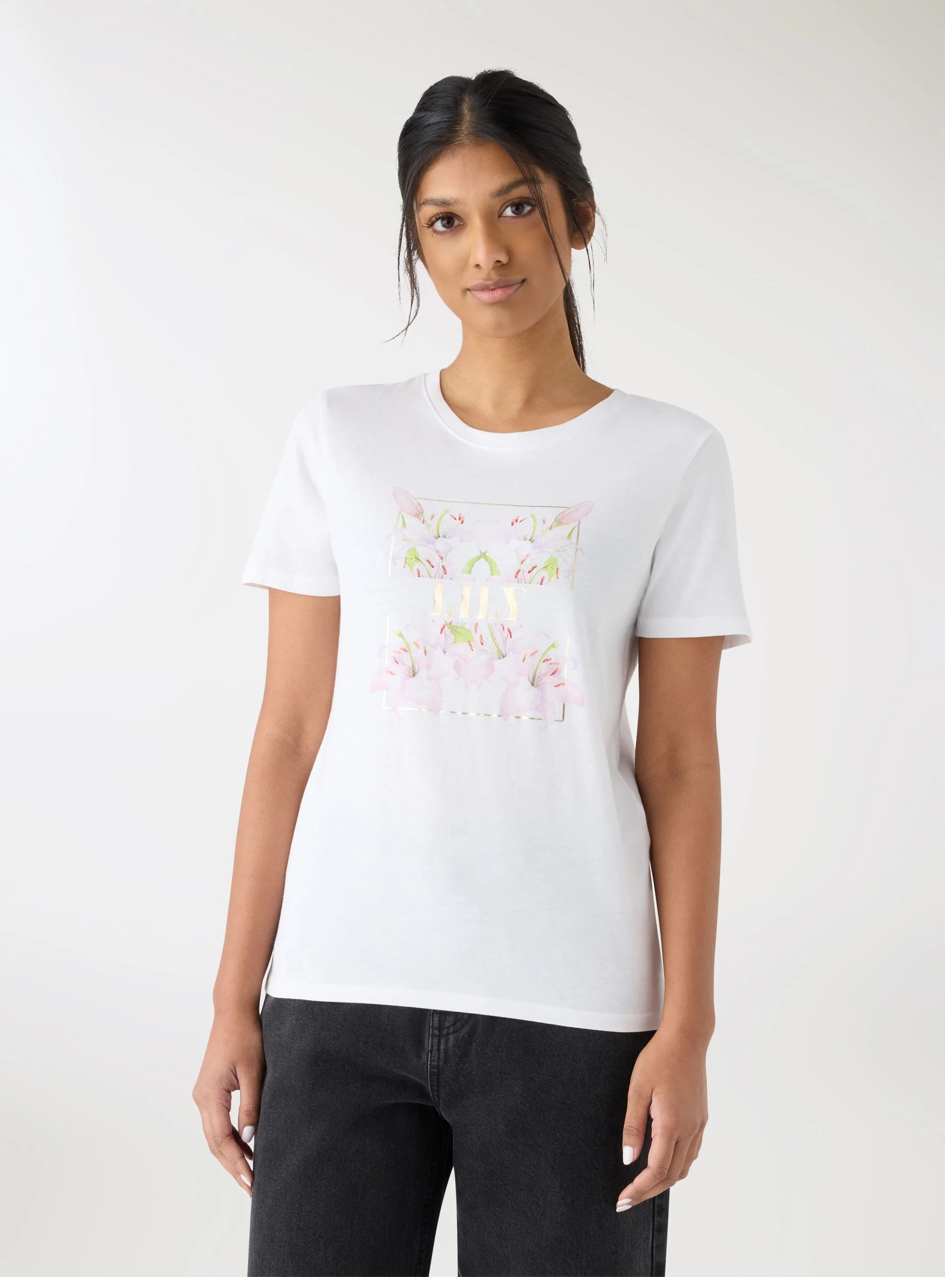 T-shirt con stampa fiori e scritta - Image 3