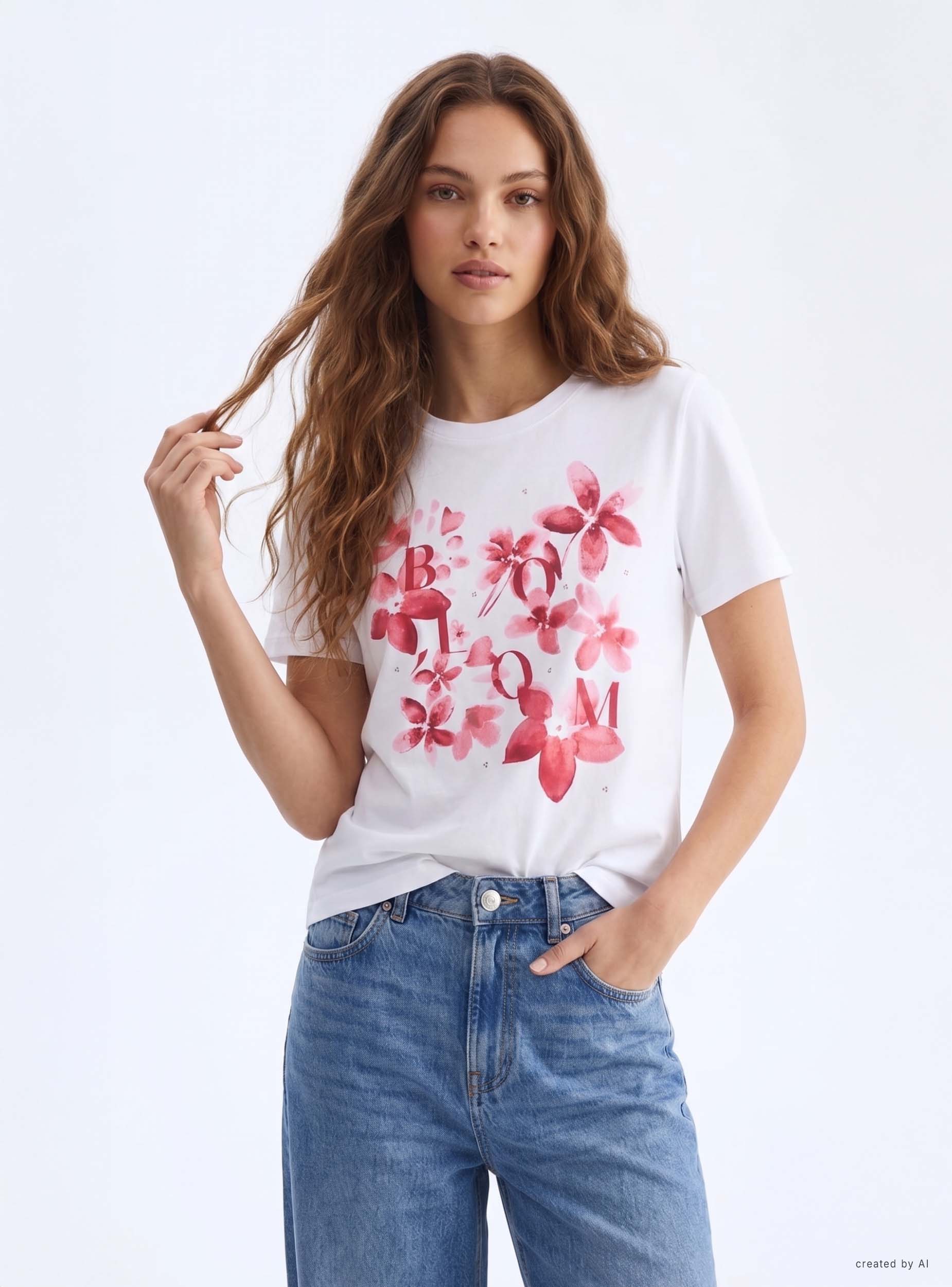 T-shirt con stampa fiori e strass - Image 2