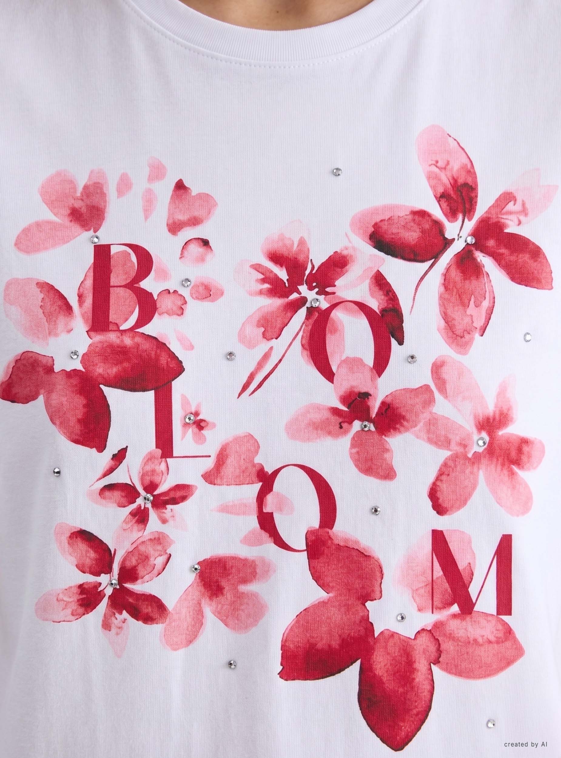 T-shirt con stampa fiori e strass - Image 4
