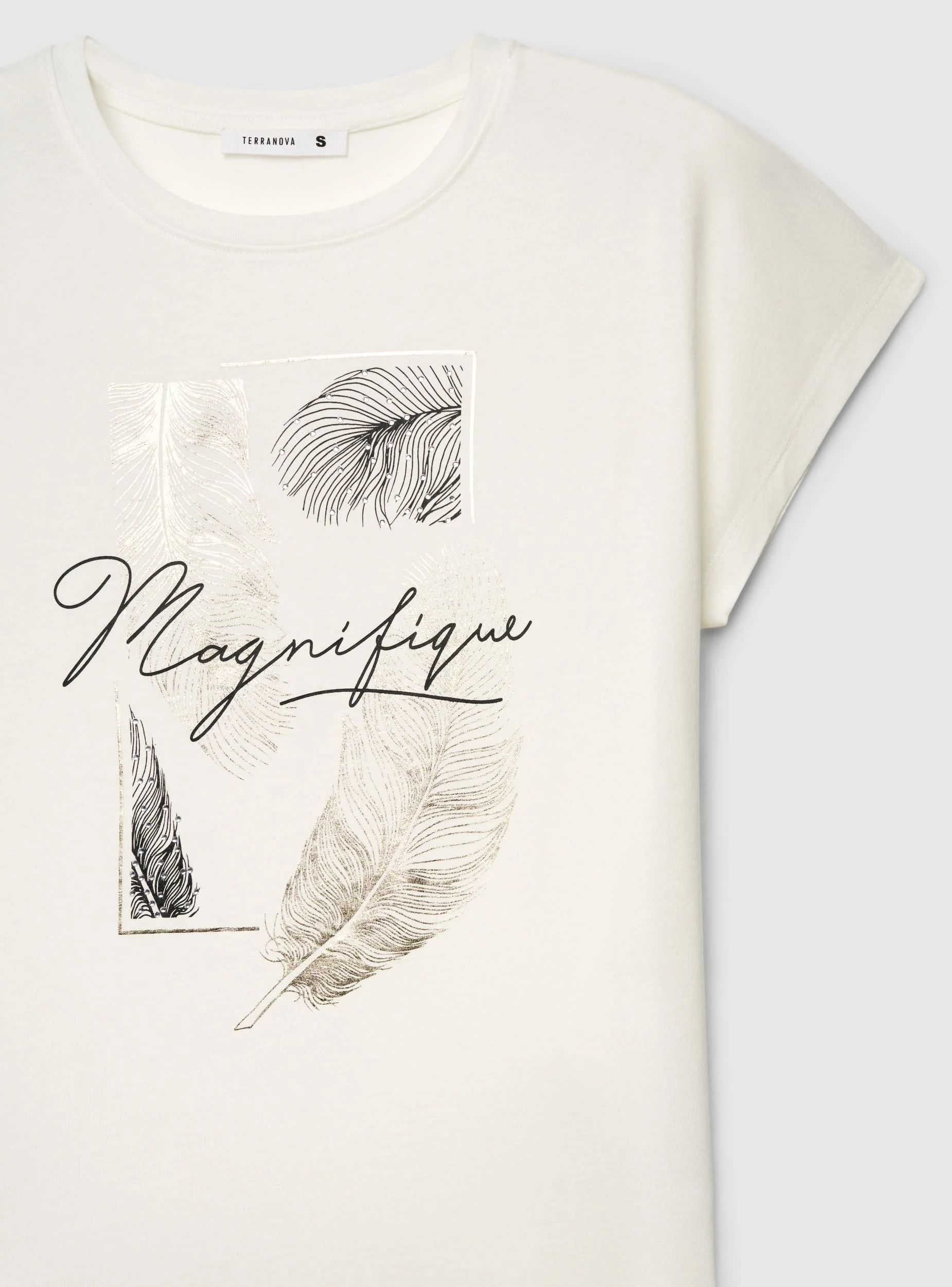 T-shirt con stampa piume effetto luccicante - Image 5