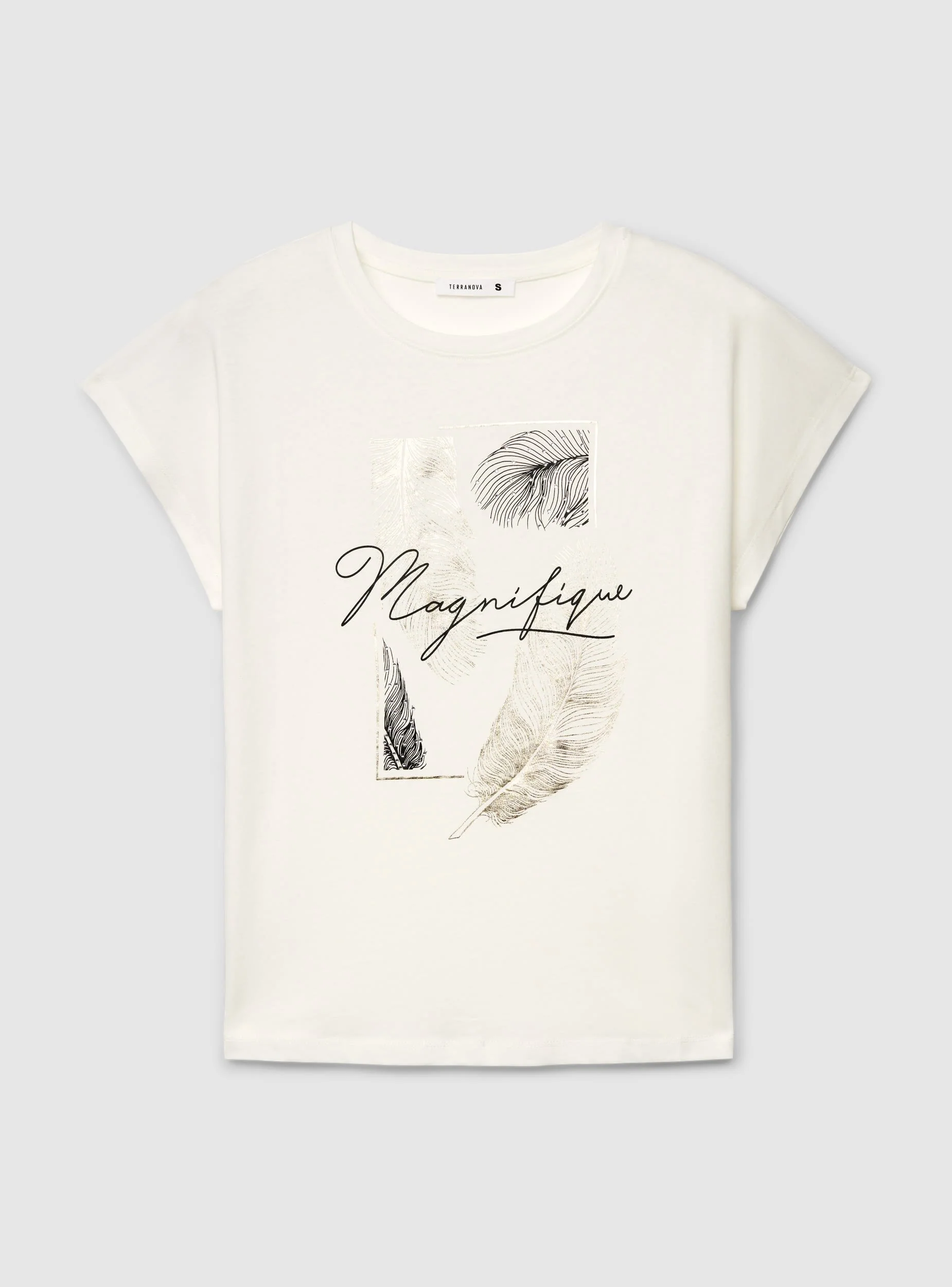 T-shirt con stampa piume effetto luccicante - Image 7