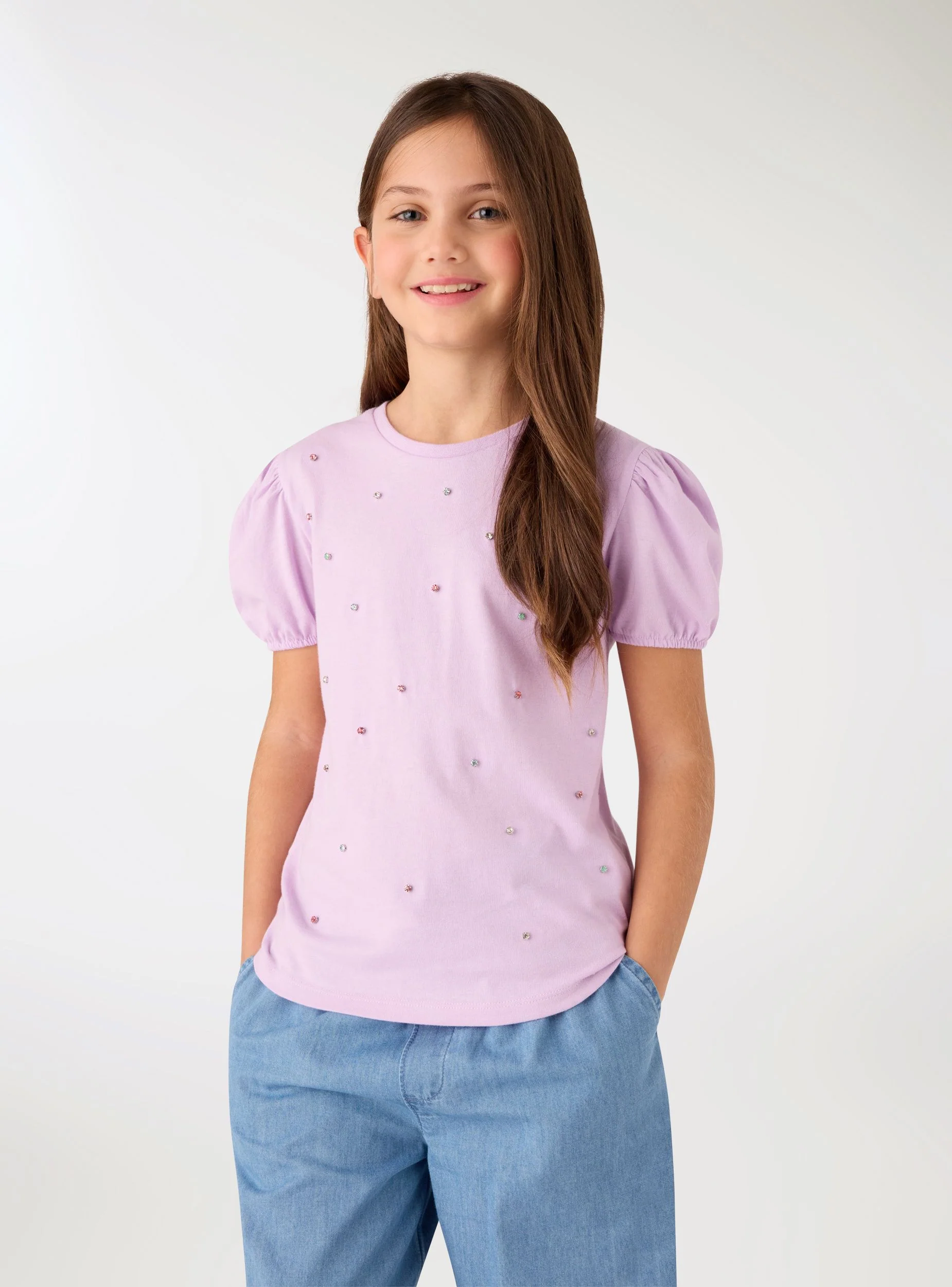 T-shirt con strass e maniche a palloncino - Image 3