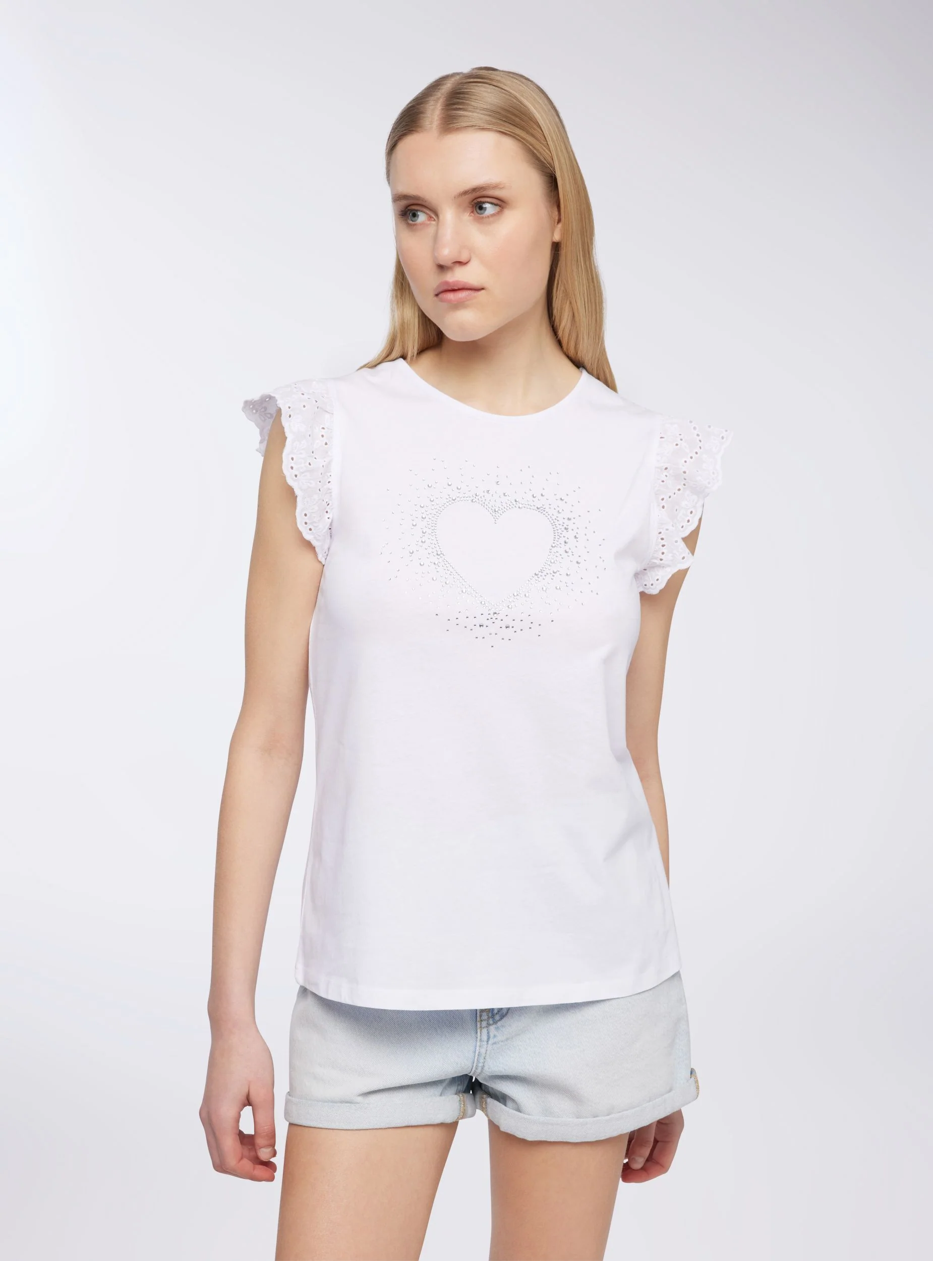 T-shirt con strass e maniche in sangallo - Image 4