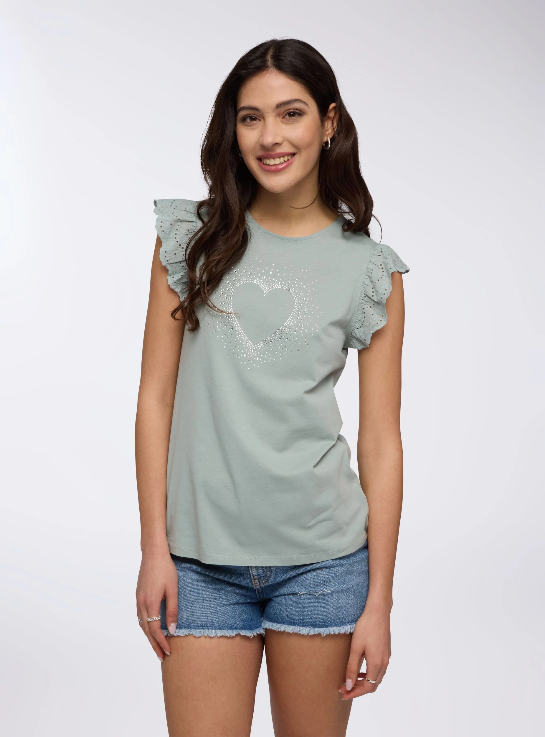 T-shirt con strass e maniche in sangallo - Image 2