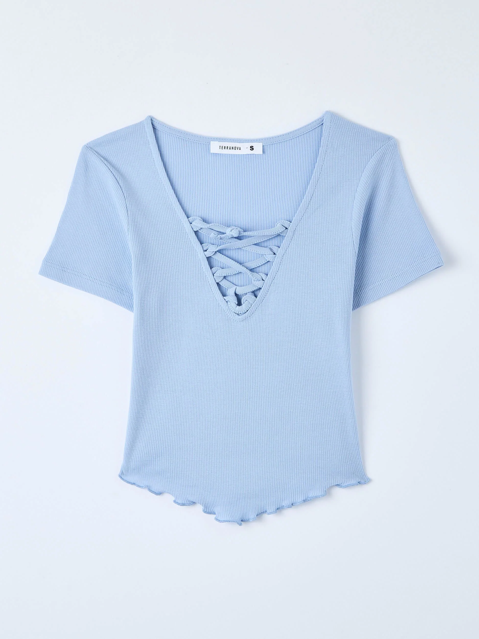 T-shirt crop a costine con scollo a V e lacci - Image 5