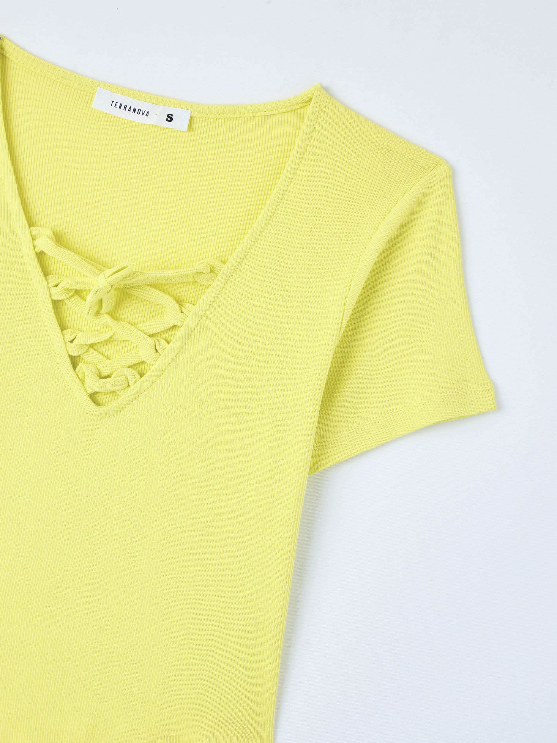 T-shirt crop a costine con scollo a V e lacci - Image 5