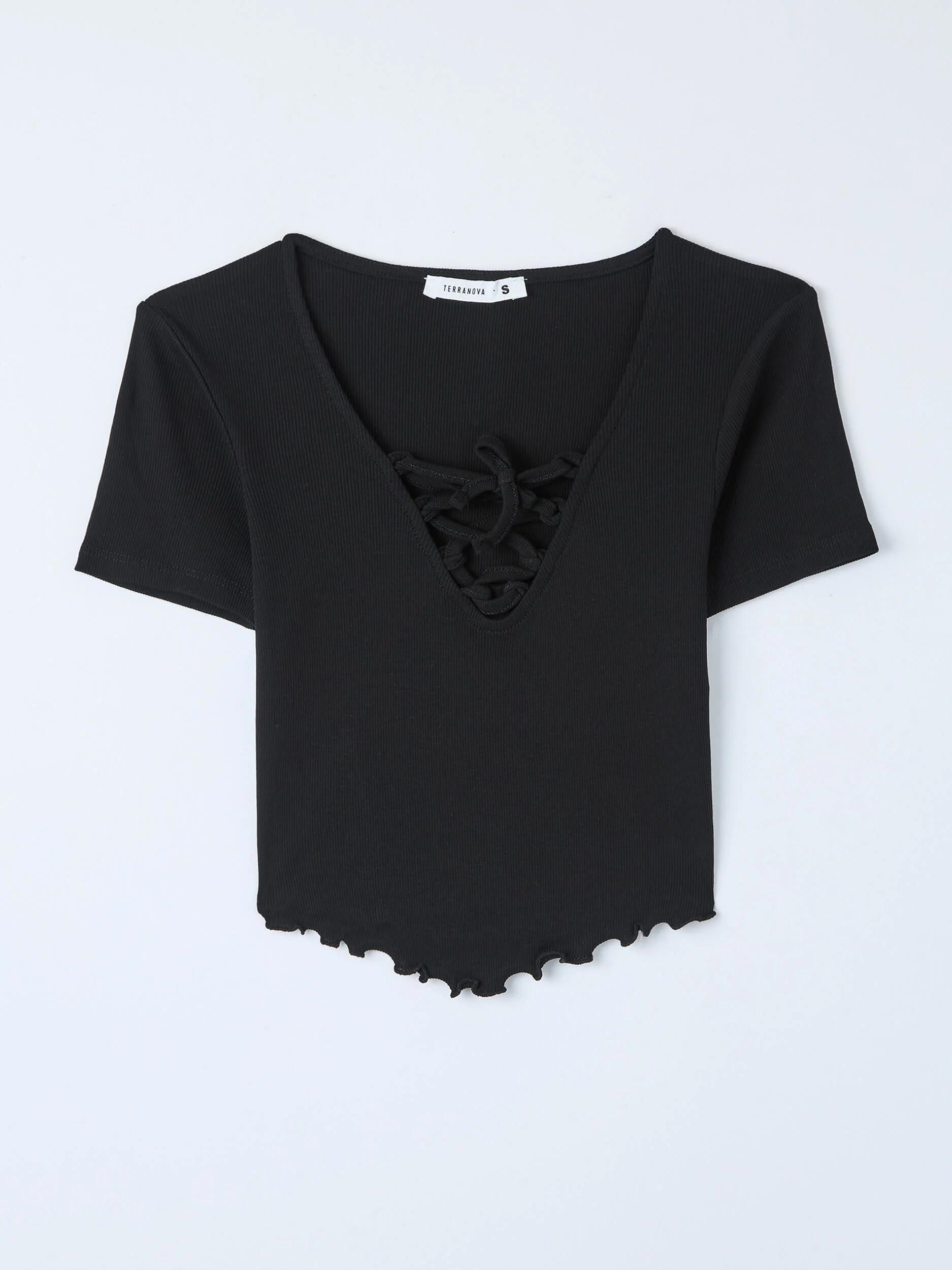 T-shirt crop a costine con scollo a V e lacci - Image 5