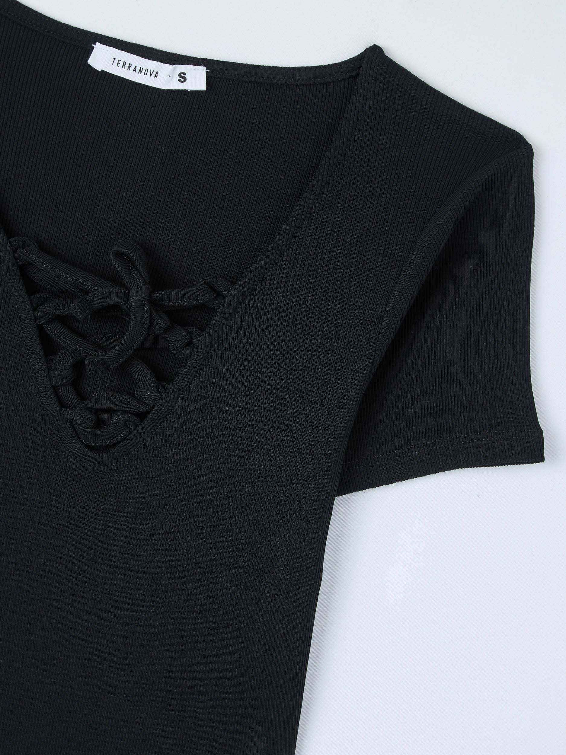 T-shirt crop a costine con scollo a V e lacci - Image 6