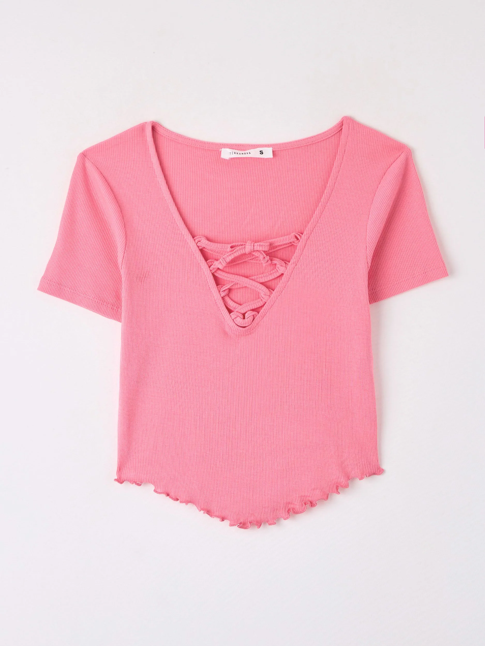 T-shirt crop a costine con scollo a V e lacci - Image 5