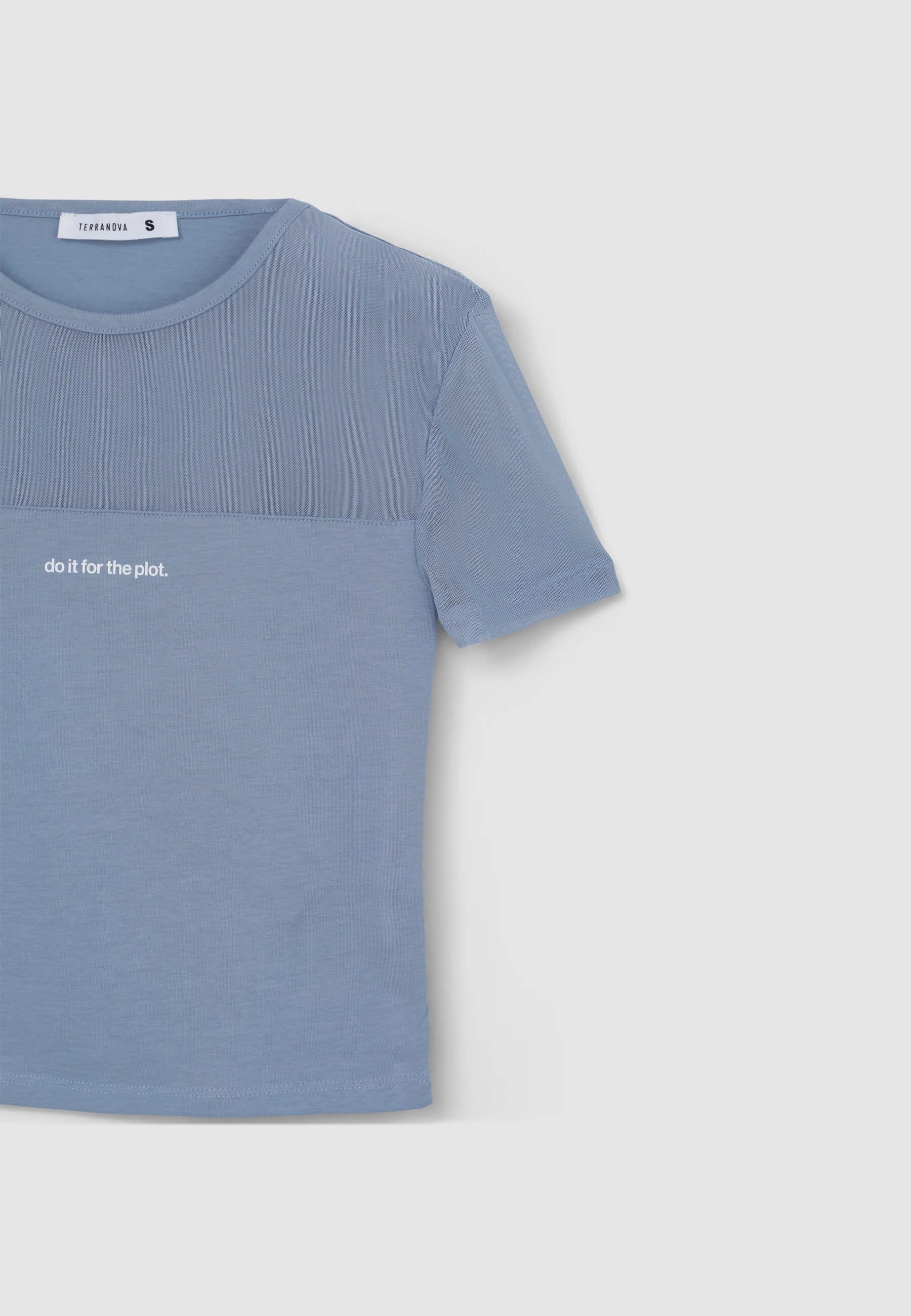 T-shirt crop aderente con scritta e inserto tulle - Image 5
