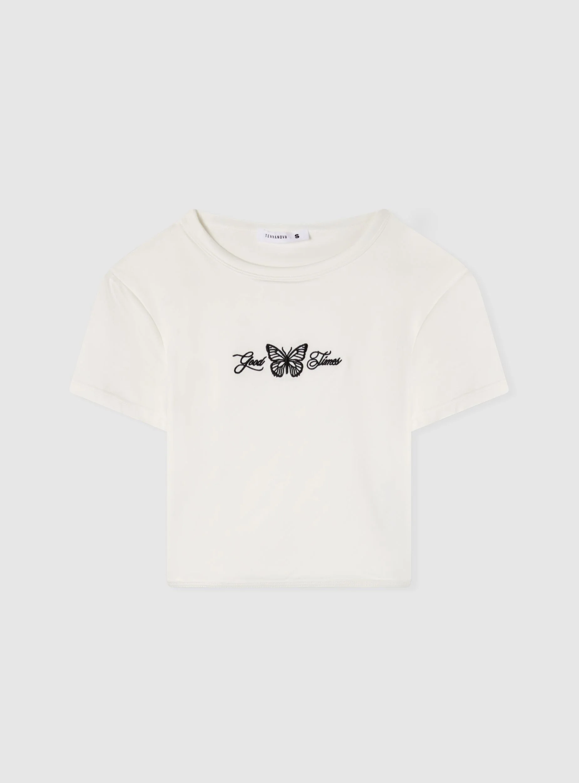 T-shirt crop con scritta e farfalla - Image 4