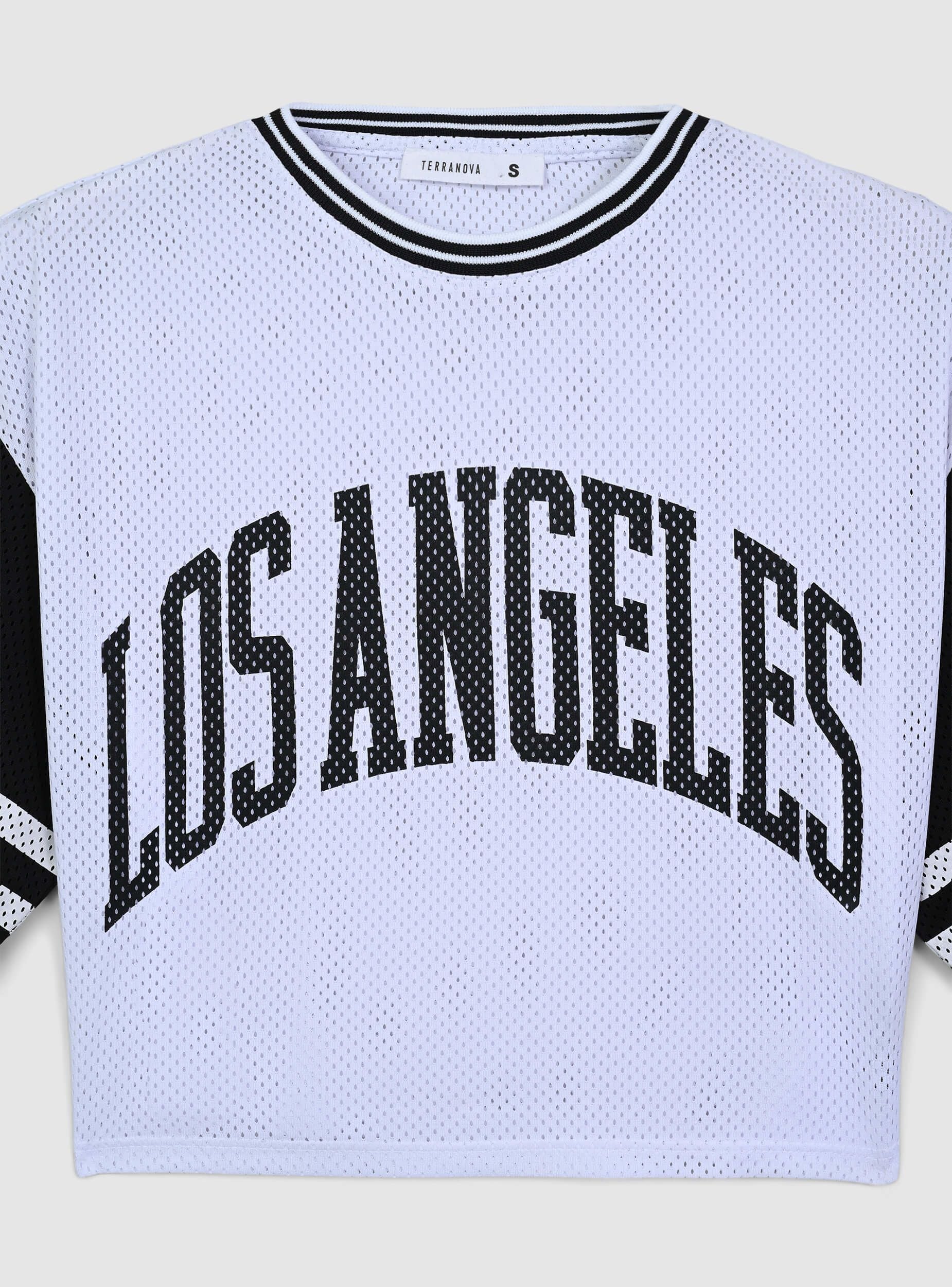 T-shirt crop in rete con stampa college - Image 5