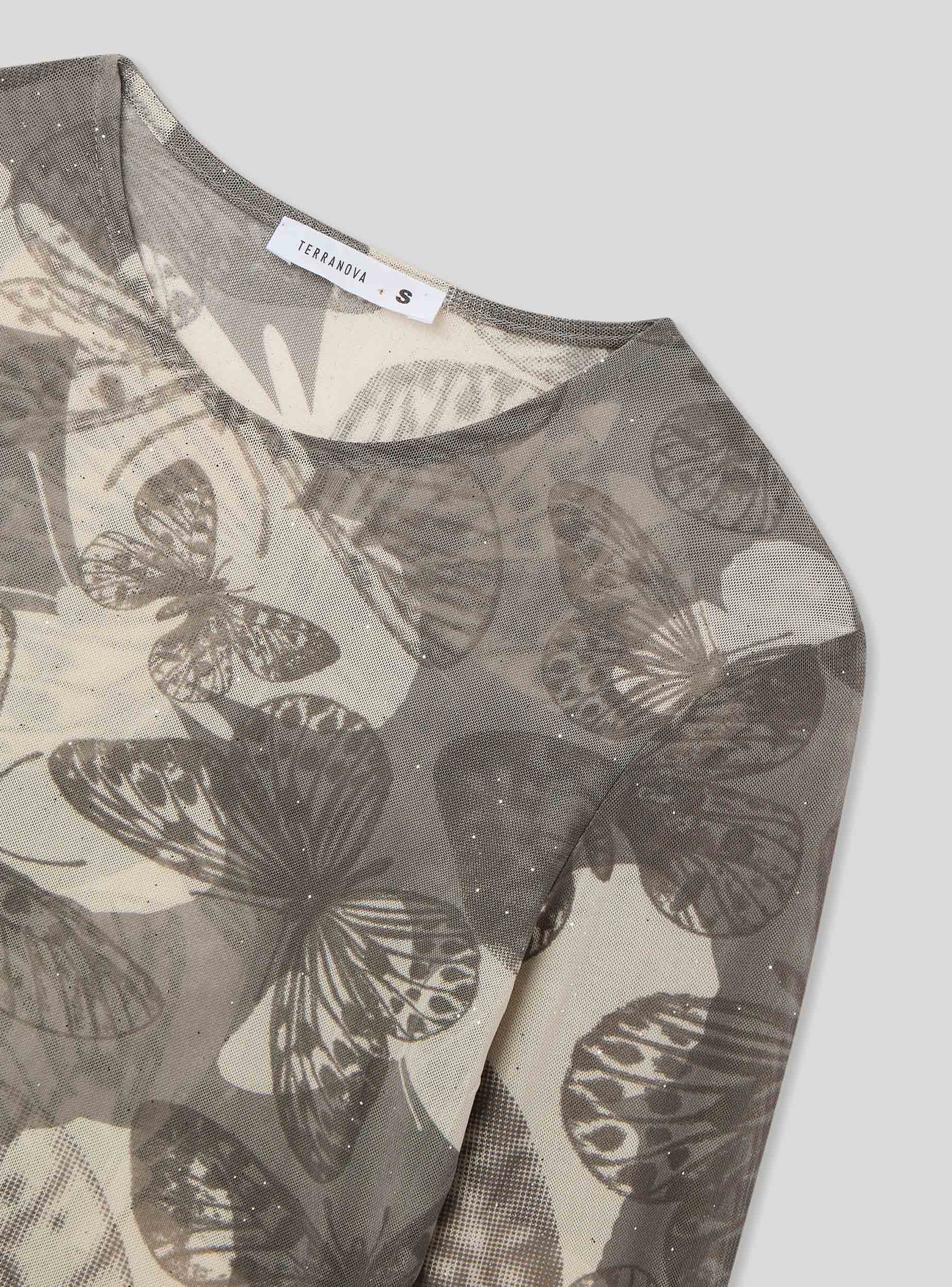 T-shirt crop in tulle con stampa farfalle - Image 6