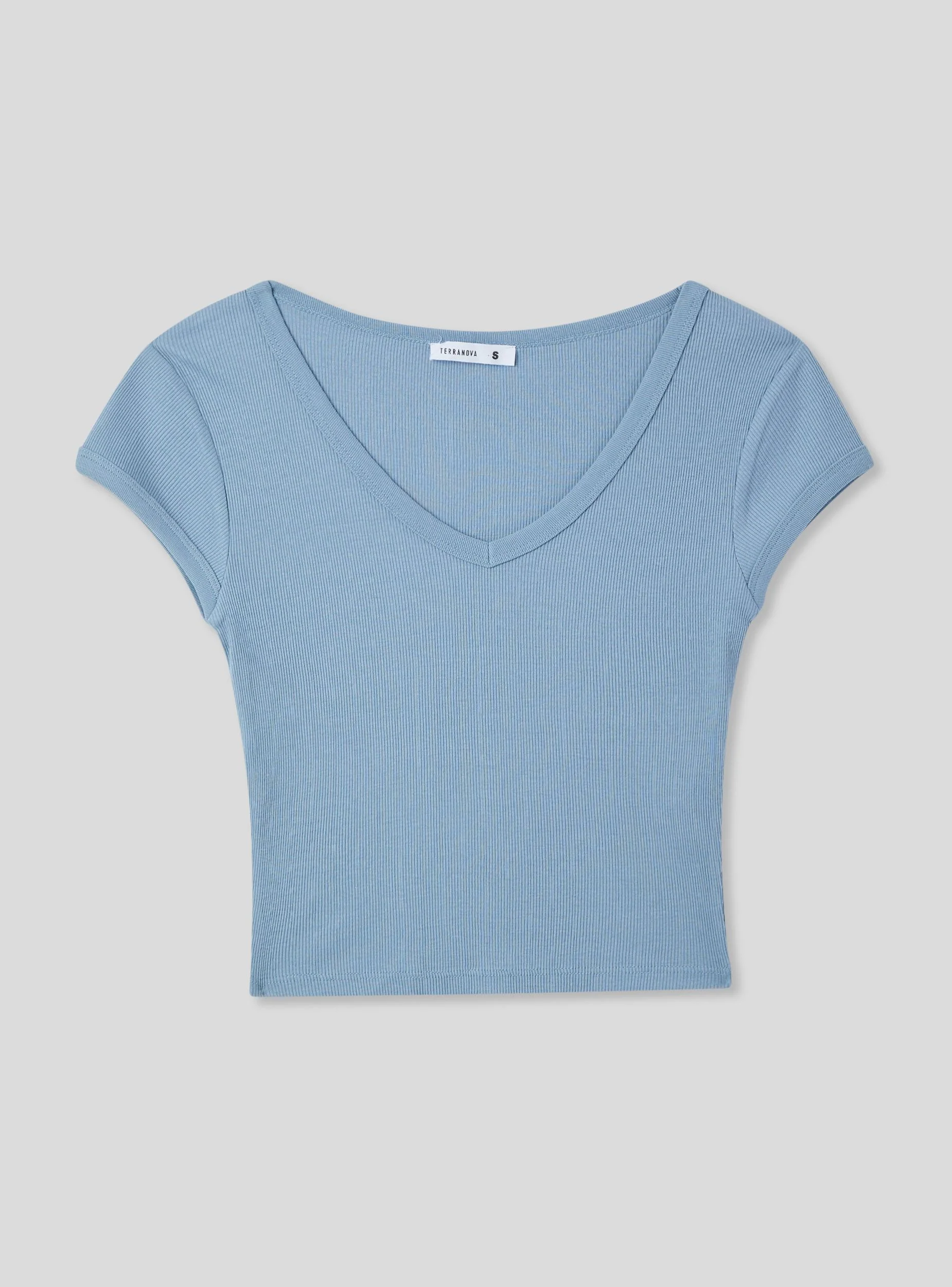 T-shirt crop tinta unita con scollo a v - Image 4