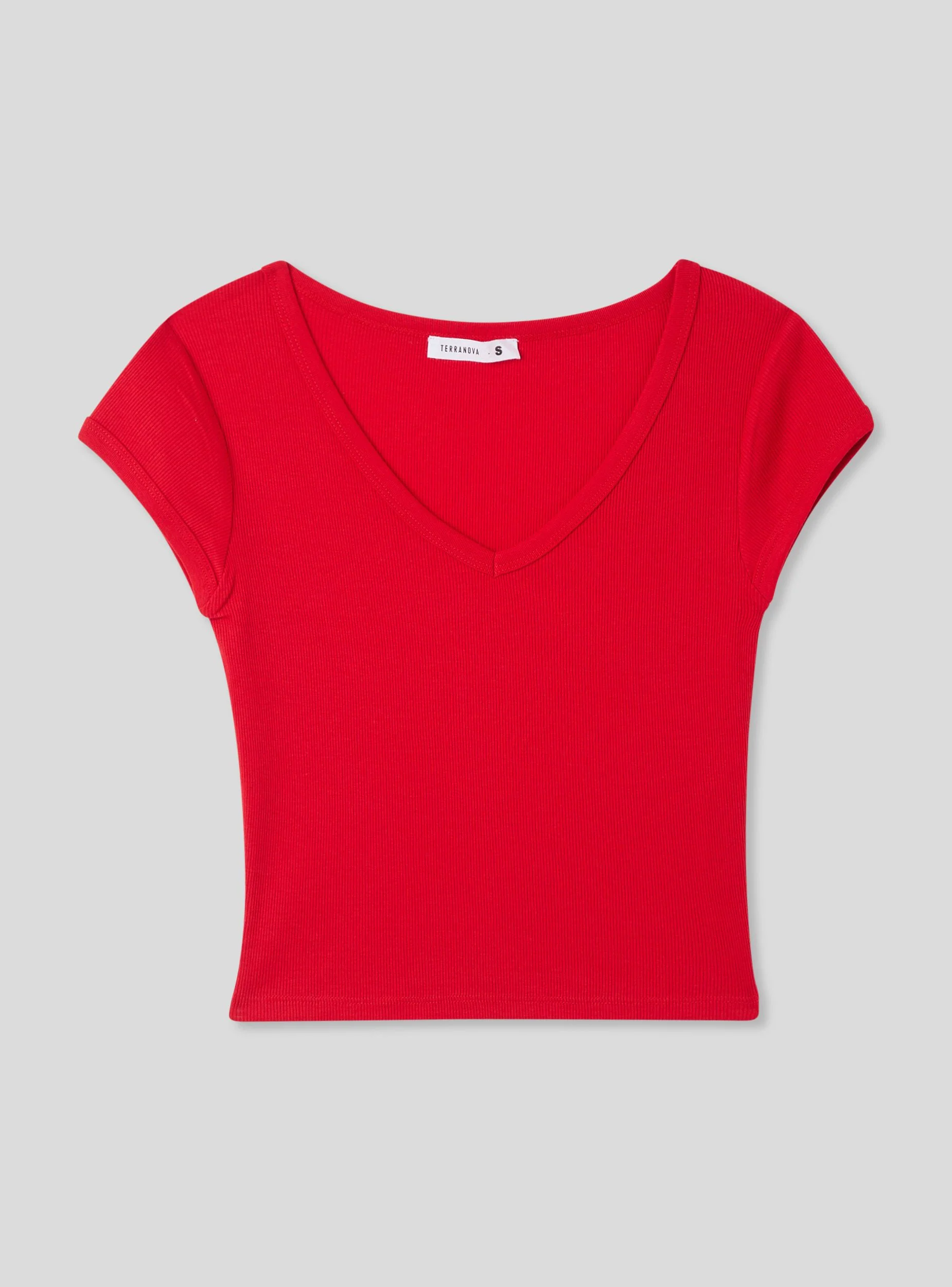 T-shirt crop tinta unita con scollo a v - Image 4