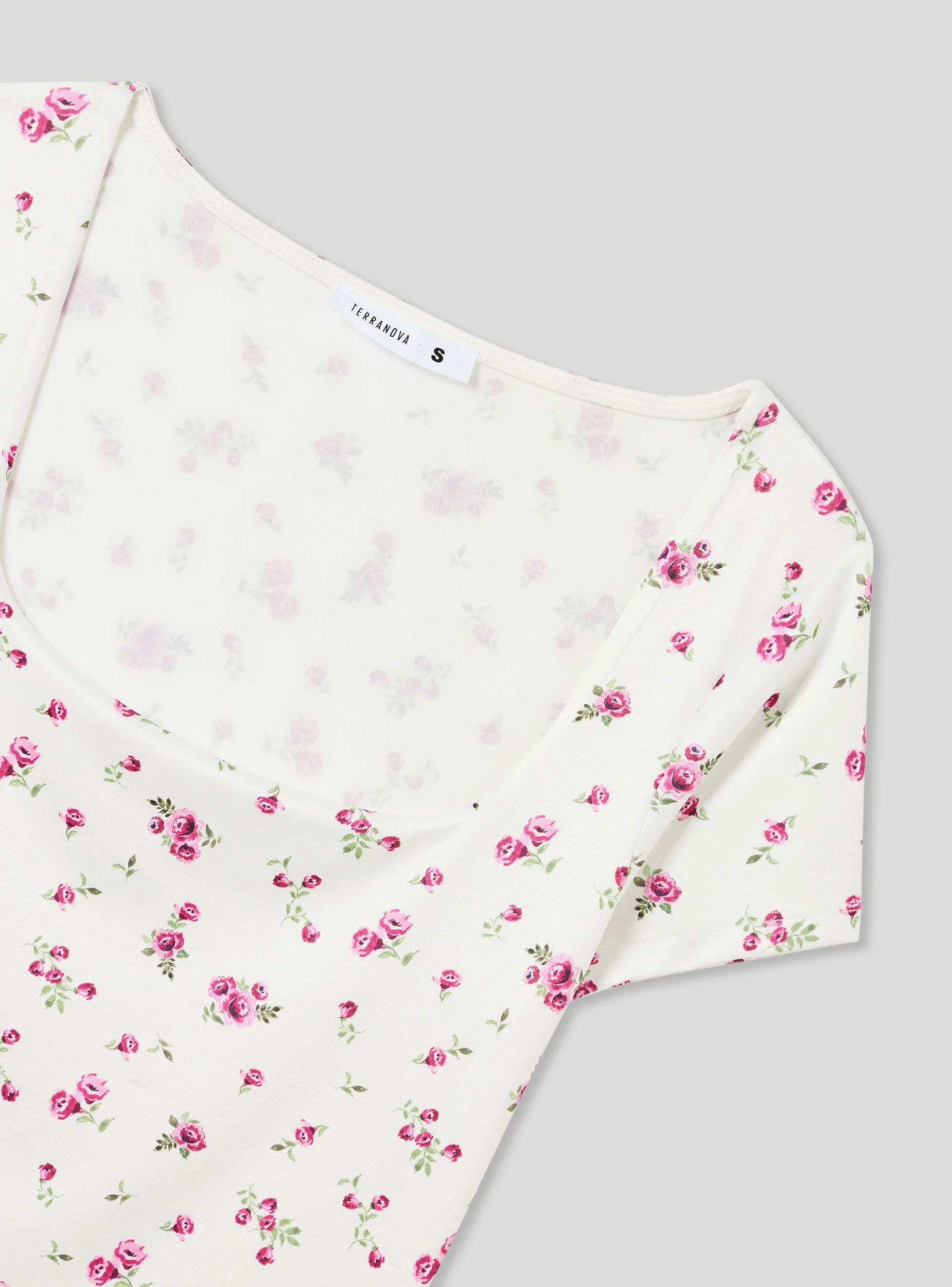 T-shirt elasticizzata a fiori con scollo ampio - Image 4
