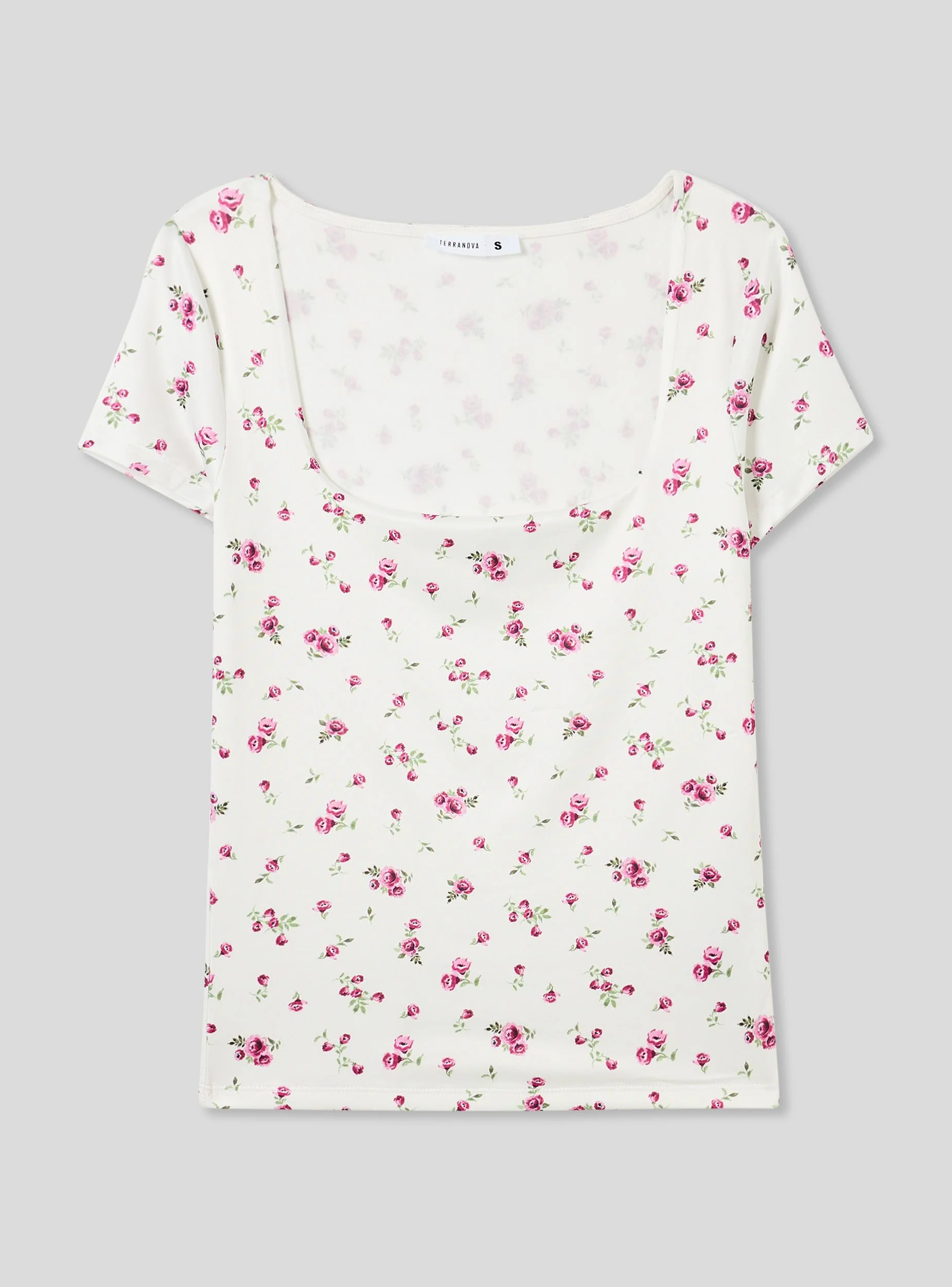 T-shirt elasticizzata a fiori con scollo ampio - Image 6