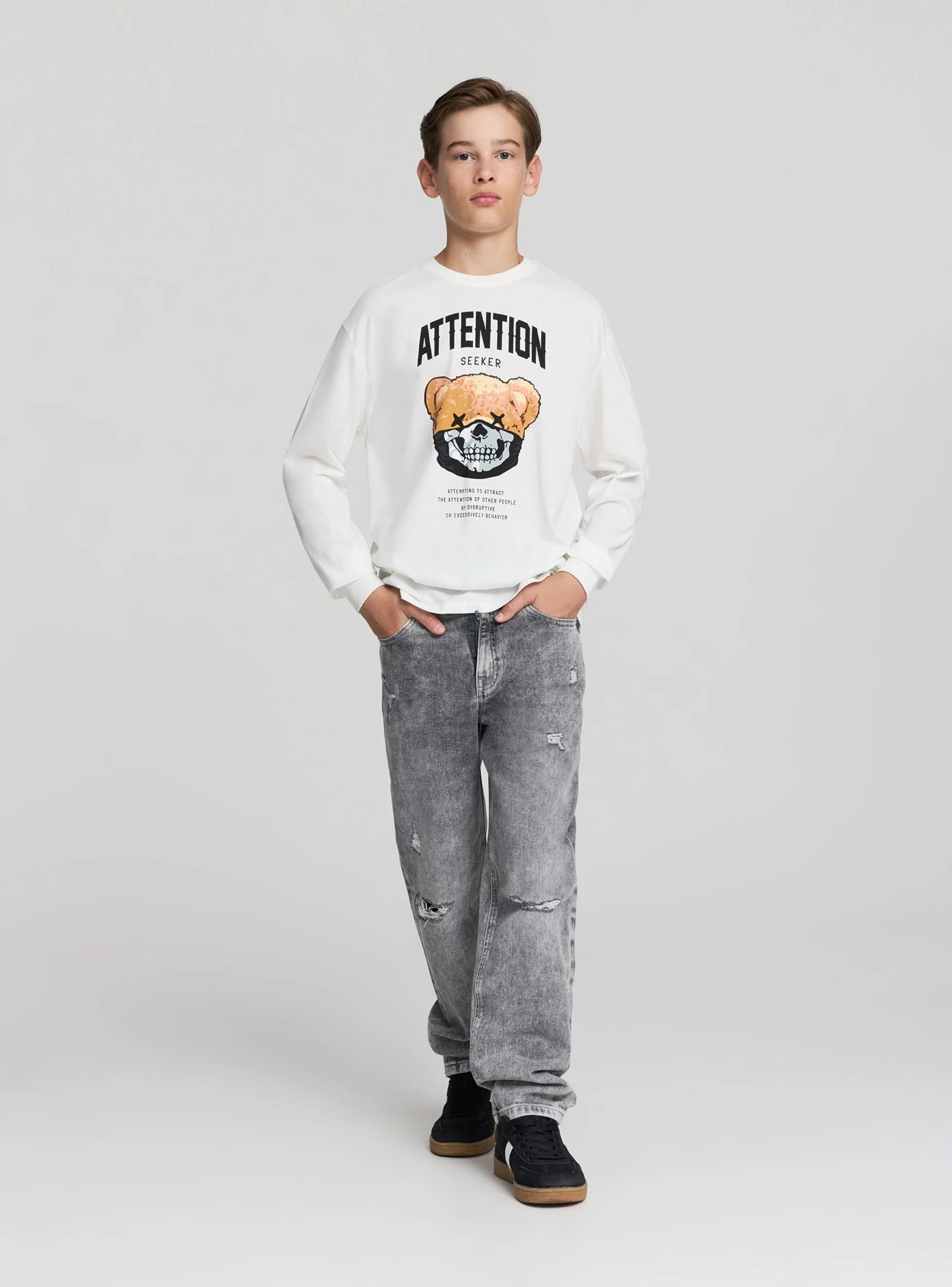 T-shirt maniche lunghe con stampa orso e scritta