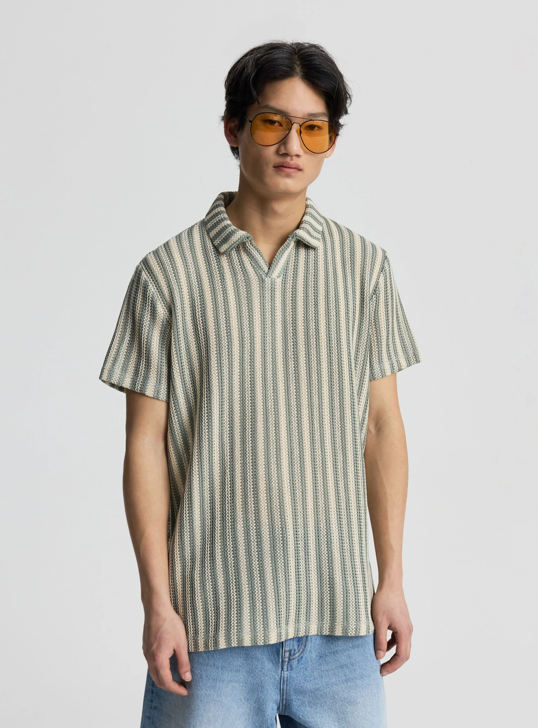 T-shirt polo a righe effetto crochet - Image 3