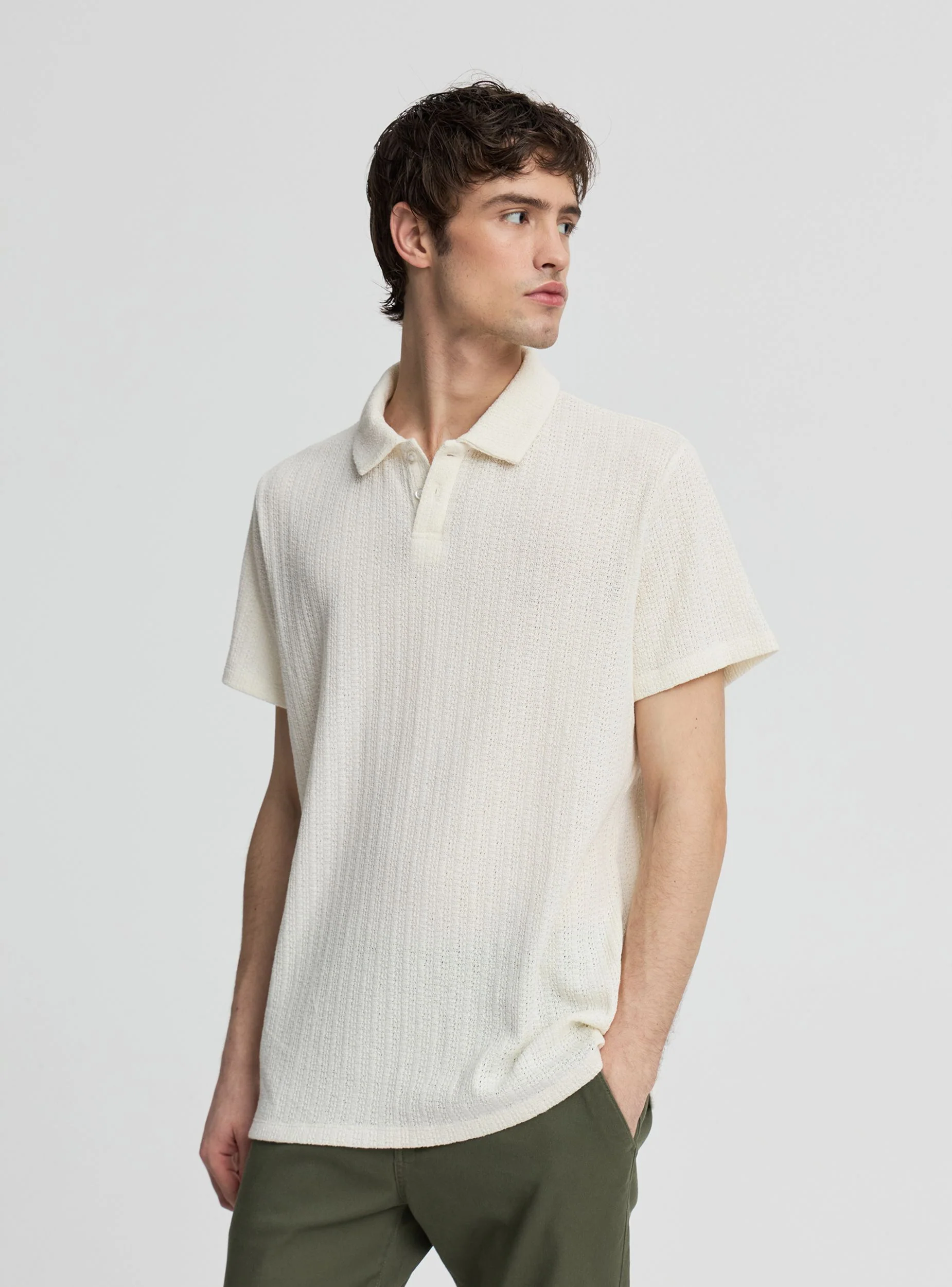 T-shirt polo a tinta unita effetto crochet - Image 2